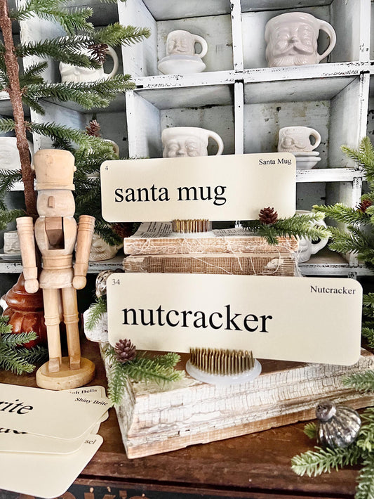 CHRISTMAS NOSTALGIA Flash Cards LARGE Vintage Inspired Word Flashcard Set Of 8 Farmhouse Decor Holiday Nutcracker Shiny Brite Tinsel