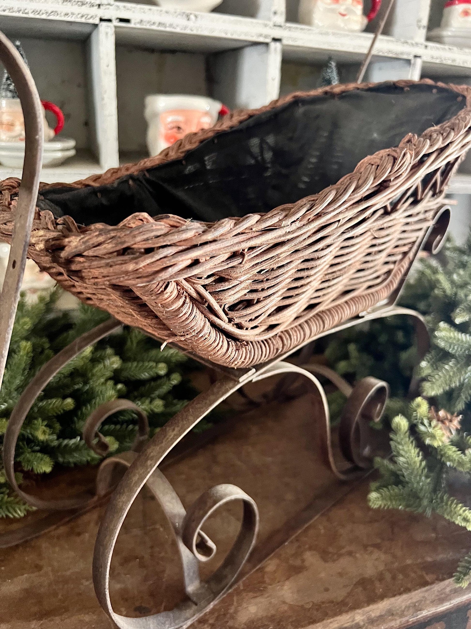Antique Wicker Sleigh Victorian Doll Farmhouse Primitive Christmas Decor