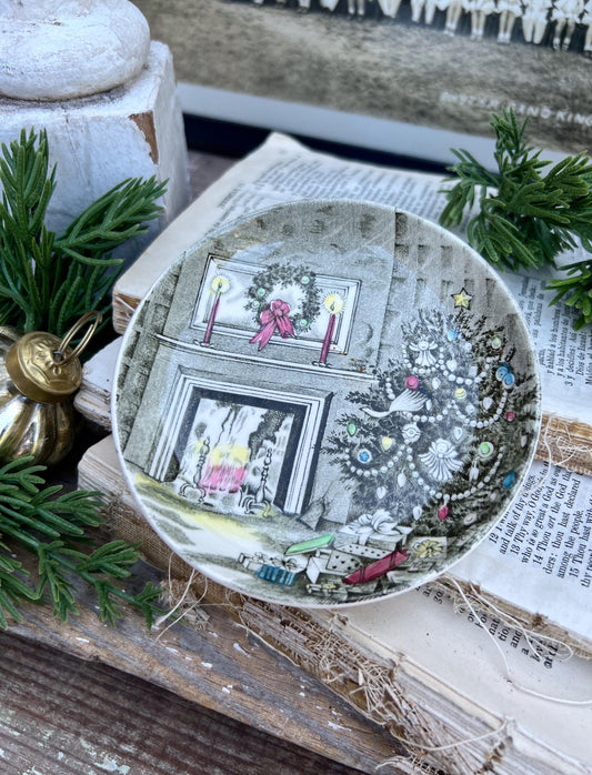 Antique CHRISTMAS White Ironstone Dish Transferware JOHNSON BROS Farmhouse Decor Fall England Coaster Butter Pat Friendly Village