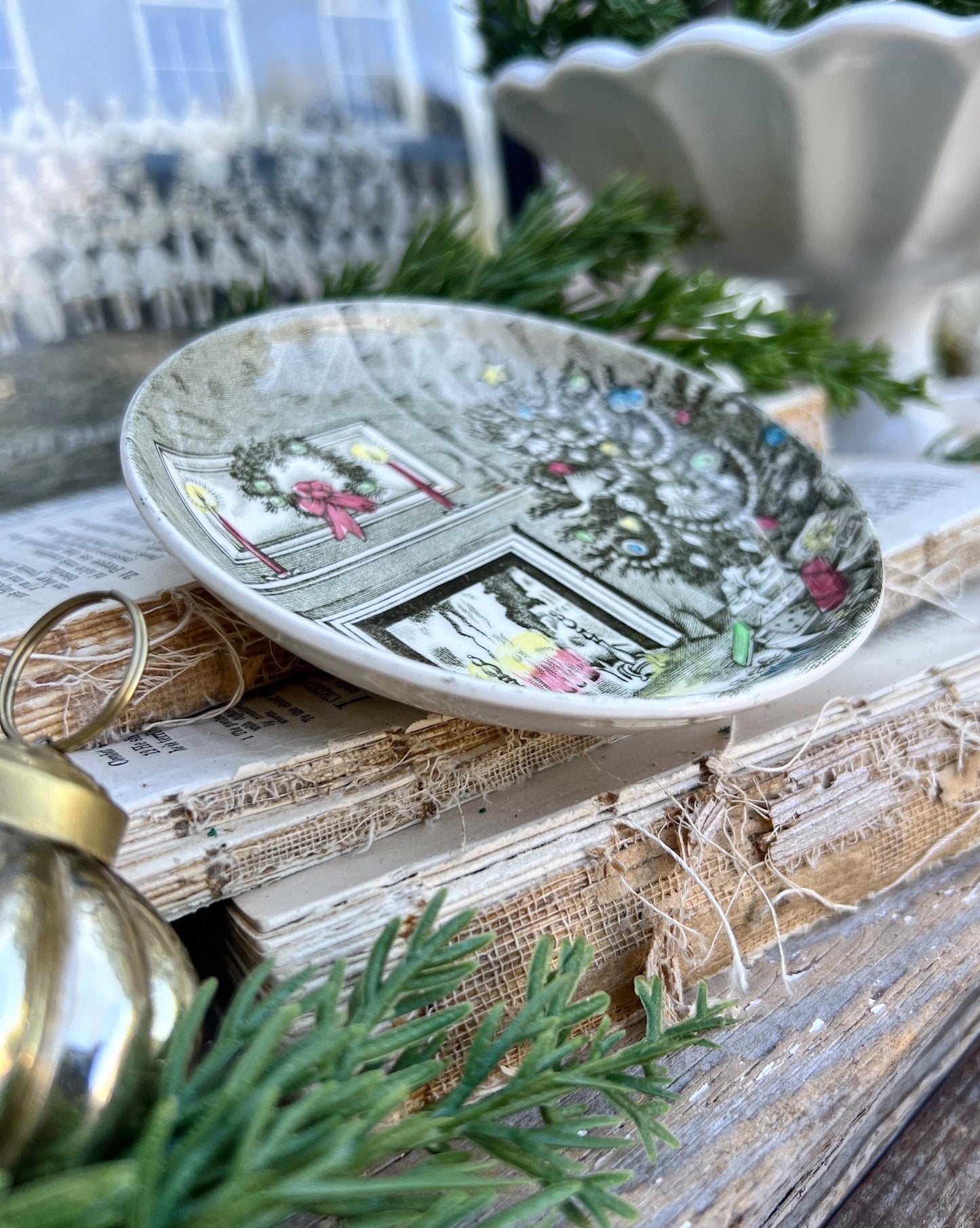 Antique CHRISTMAS White Ironstone Dish Transferware JOHNSON BROS Farmhouse Decor Fall England Coaster Butter Pat Friendly Village