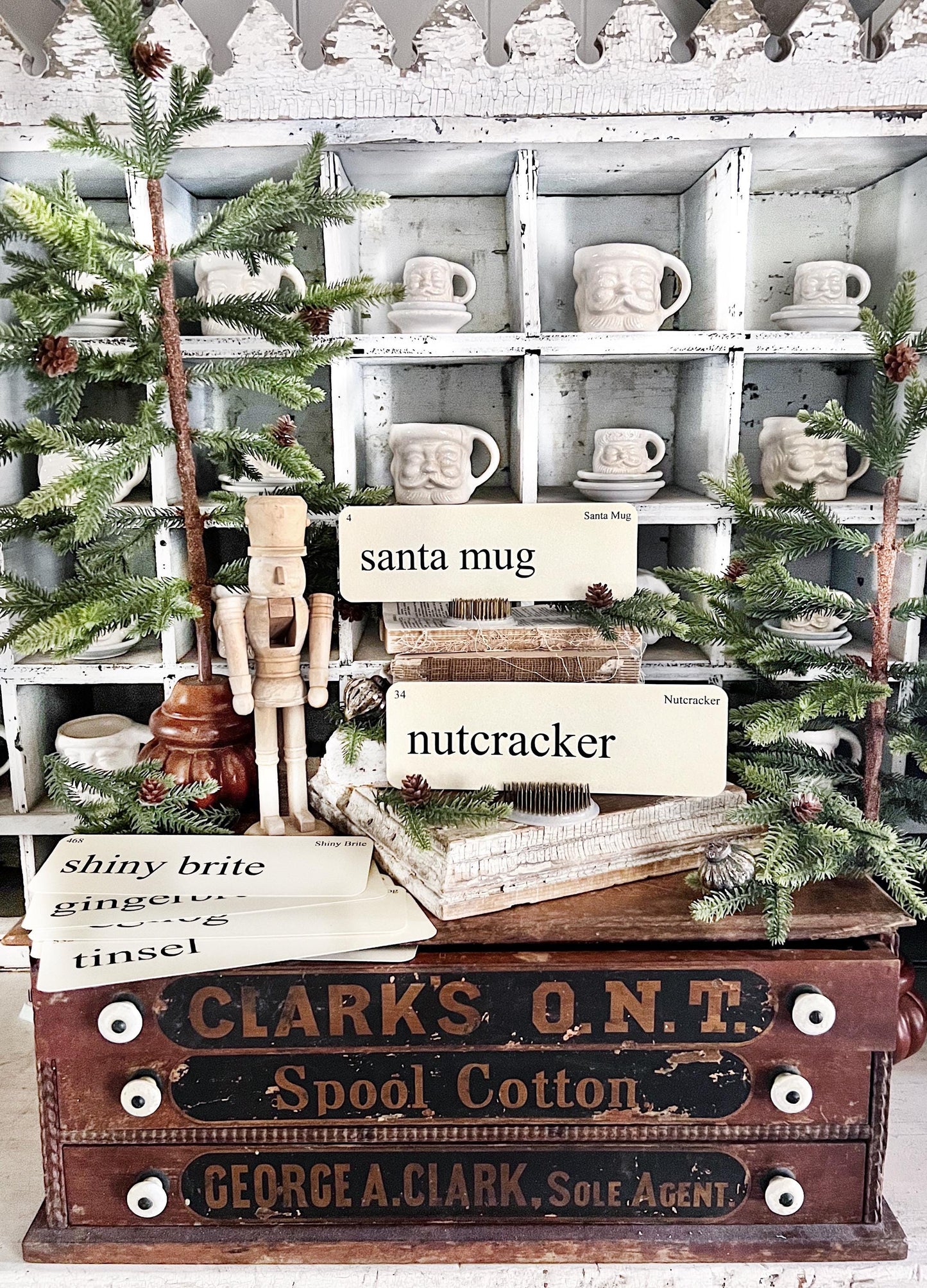 CHRISTMAS NOSTALGIA Flash Cards LARGE Vintage Inspired Word Flashcard Set Of 8 Farmhouse Decor Holiday Nutcracker Shiny Brite Tinsel