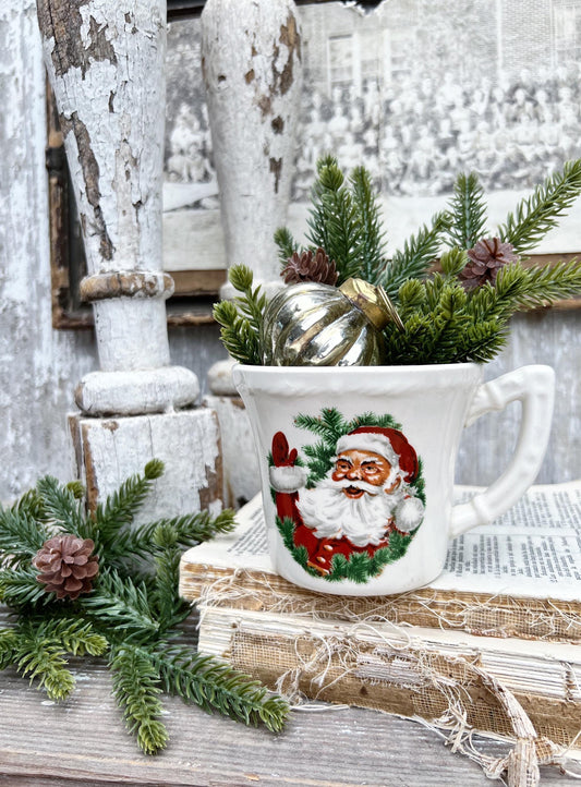 Vintage USA White Ironstone SANTA Coffee Cup Farmhouse Christmas Decor