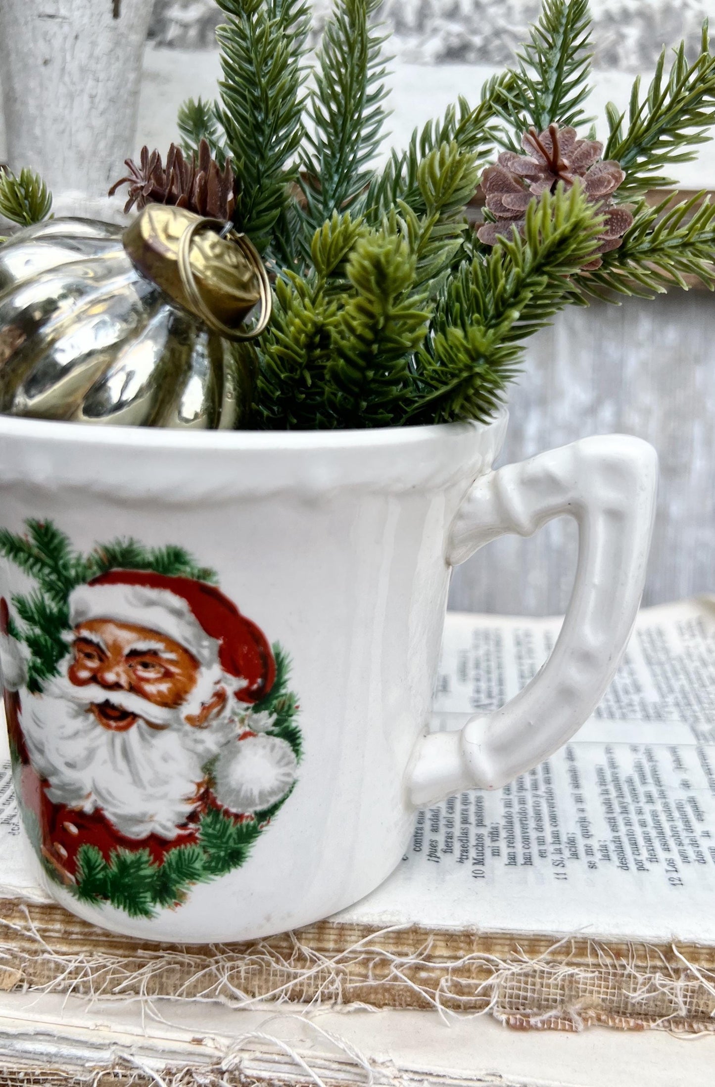 Vintage USA White Ironstone SANTA Coffee Cup Farmhouse Christmas Decor
