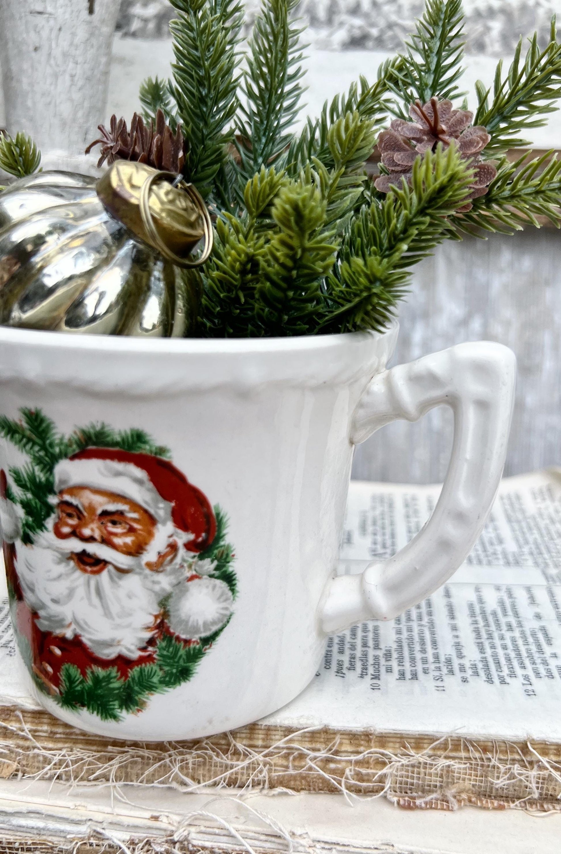 Vintage USA White Ironstone SANTA Coffee Cup Farmhouse Christmas Decor