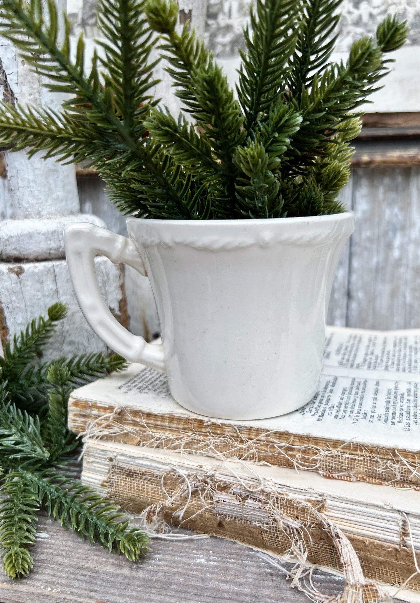Vintage USA White Ironstone SANTA Coffee Cup Farmhouse Christmas Decor