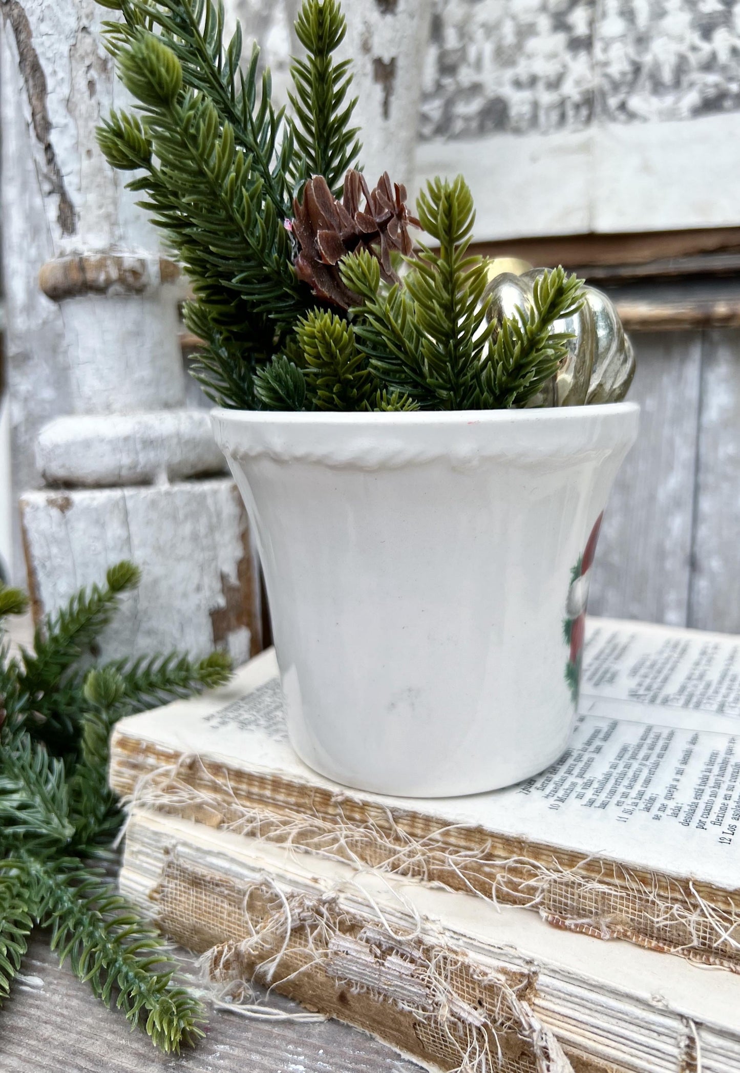 Vintage USA White Ironstone SANTA Coffee Cup Farmhouse Christmas Decor