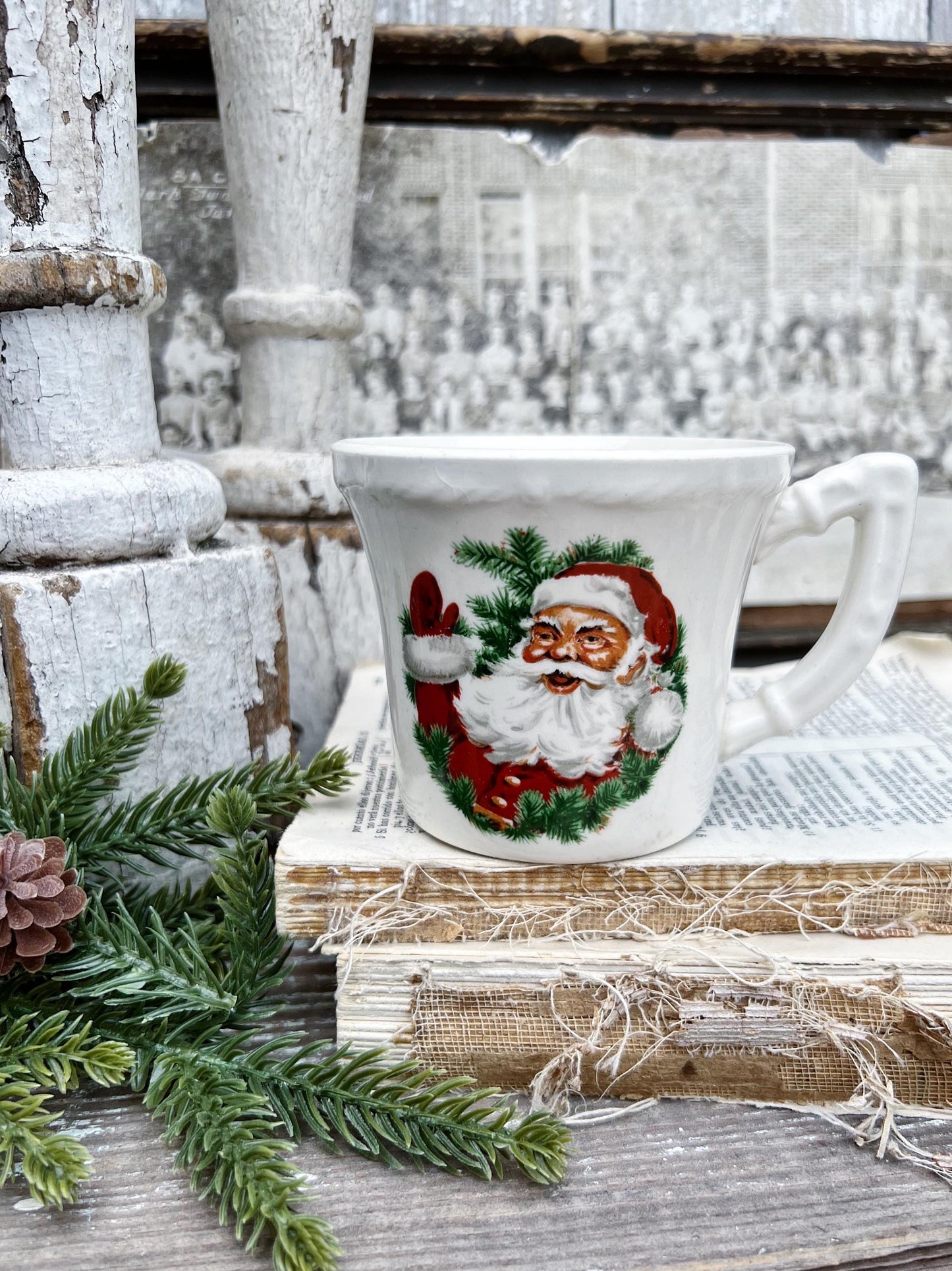 Vintage USA White Ironstone SANTA Coffee Cup Farmhouse Christmas Decor