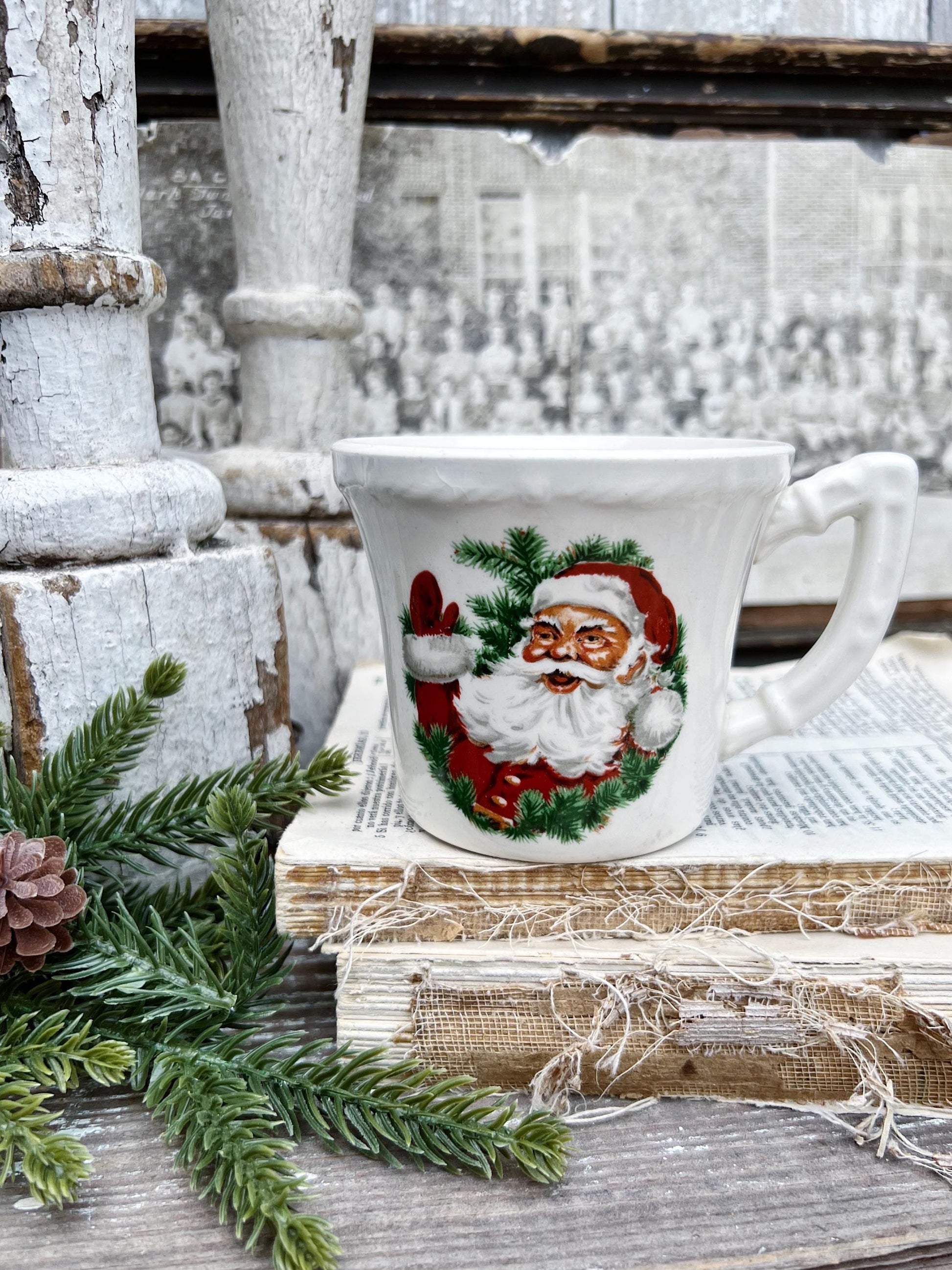 Vintage USA White Ironstone SANTA Coffee Cup Farmhouse Christmas Decor