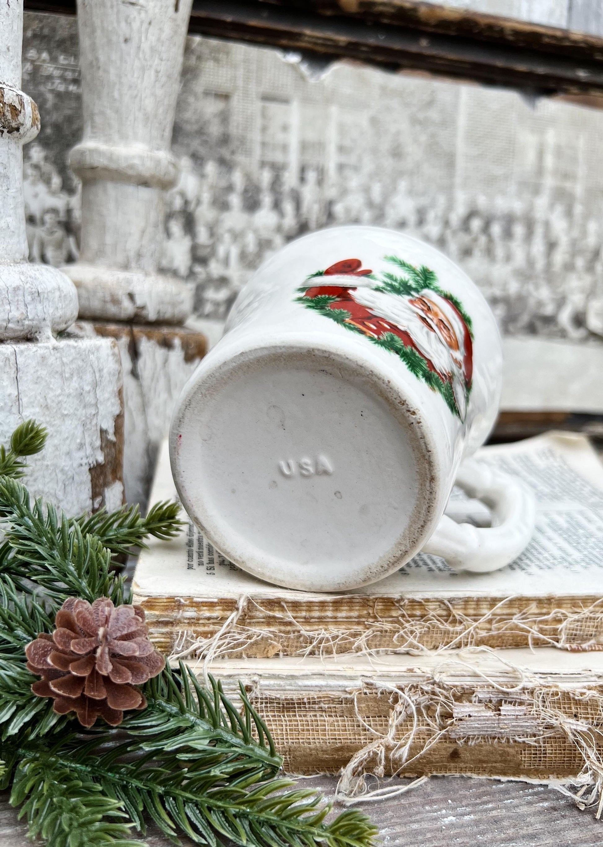 Vintage USA White Ironstone SANTA Coffee Cup Farmhouse Christmas Decor