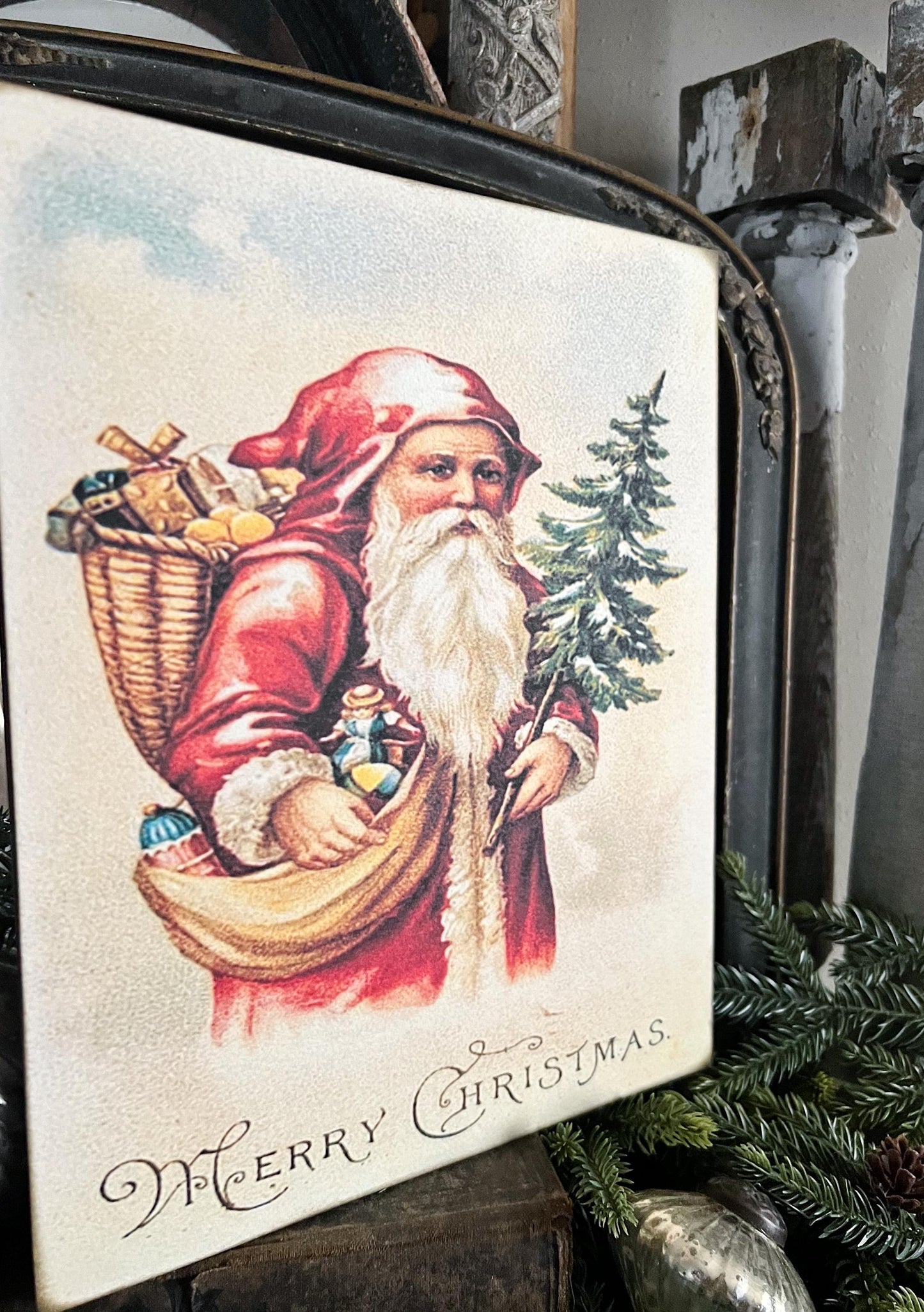 Vintage Santa MERRY CHRISTMAS Wood Sign Red Farmhouse Christmas Decor Wall Art Print St Nick with Tree