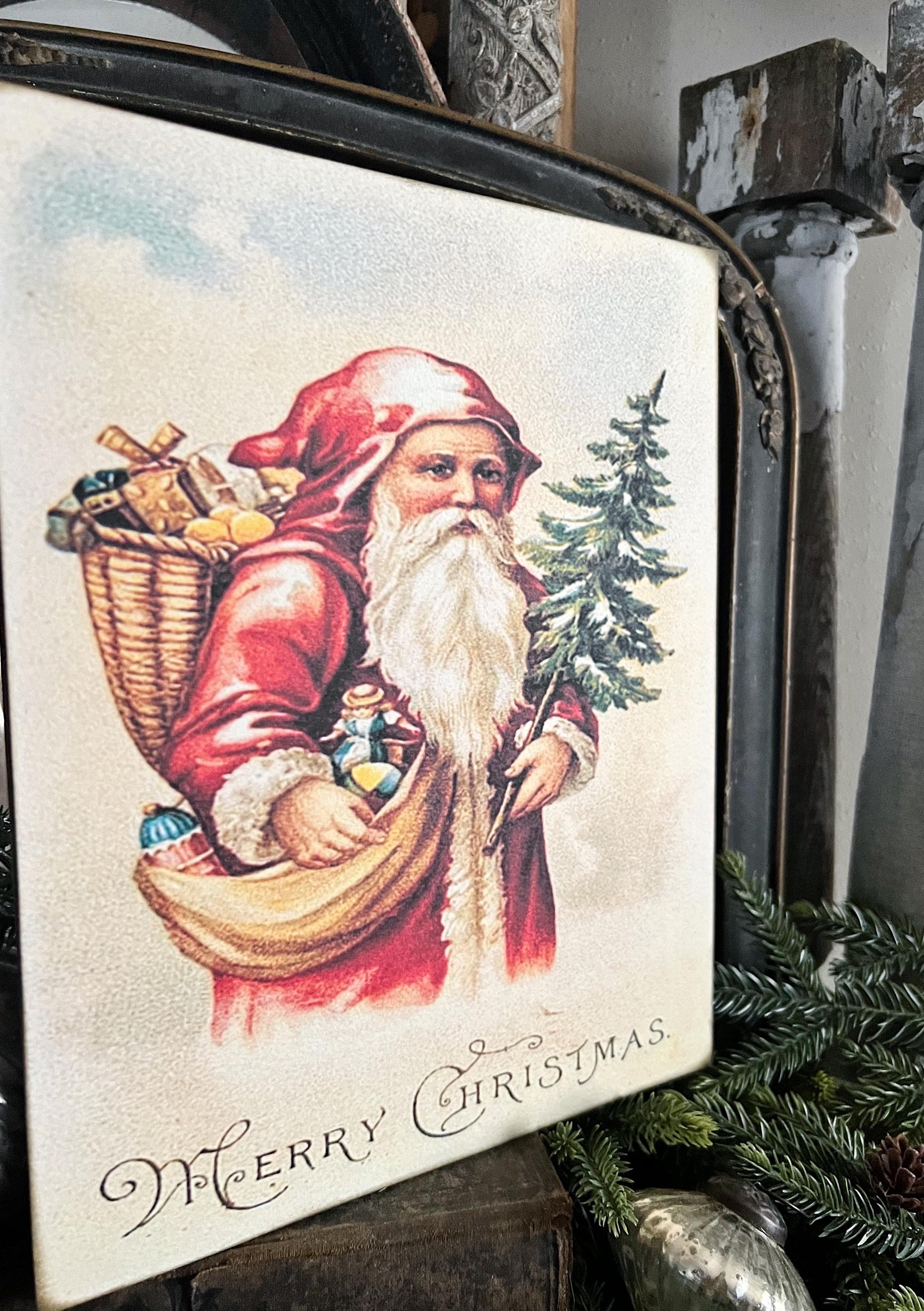 Vintage Santa MERRY CHRISTMAS Wood Sign Red Farmhouse Christmas Decor Wall Art Print St Nick with Tree