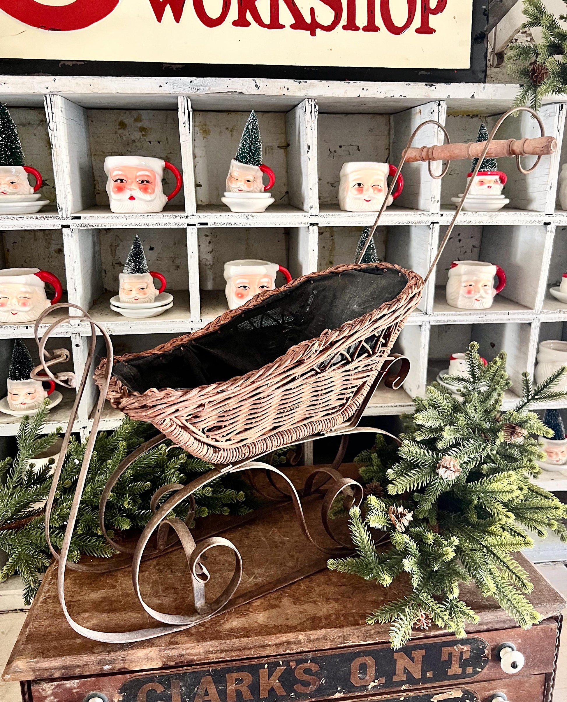 Antique Wicker Sleigh Victorian Doll Farmhouse Primitive Christmas Decor