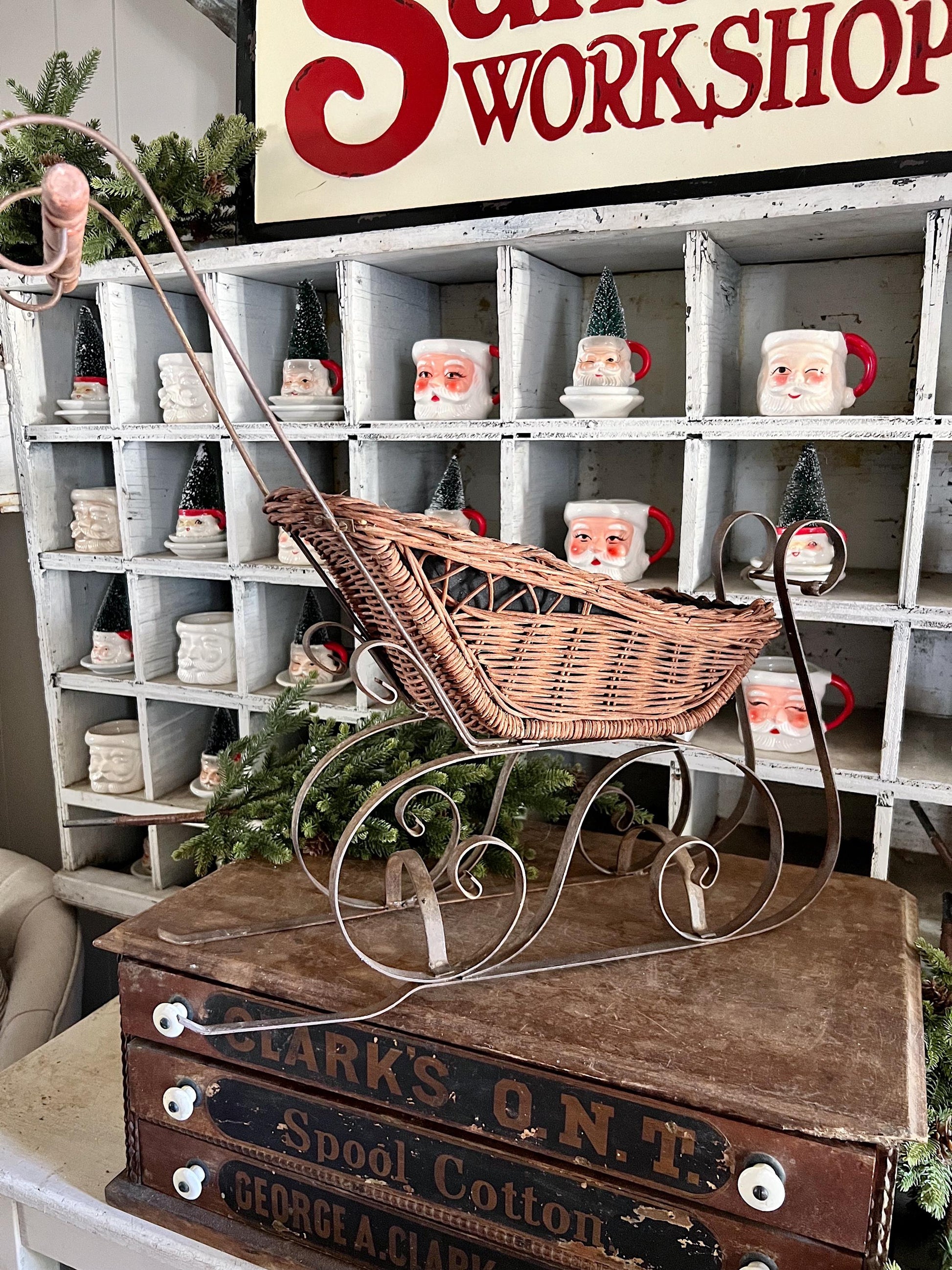 Antique Wicker Sleigh Victorian Doll Farmhouse Primitive Christmas Decor