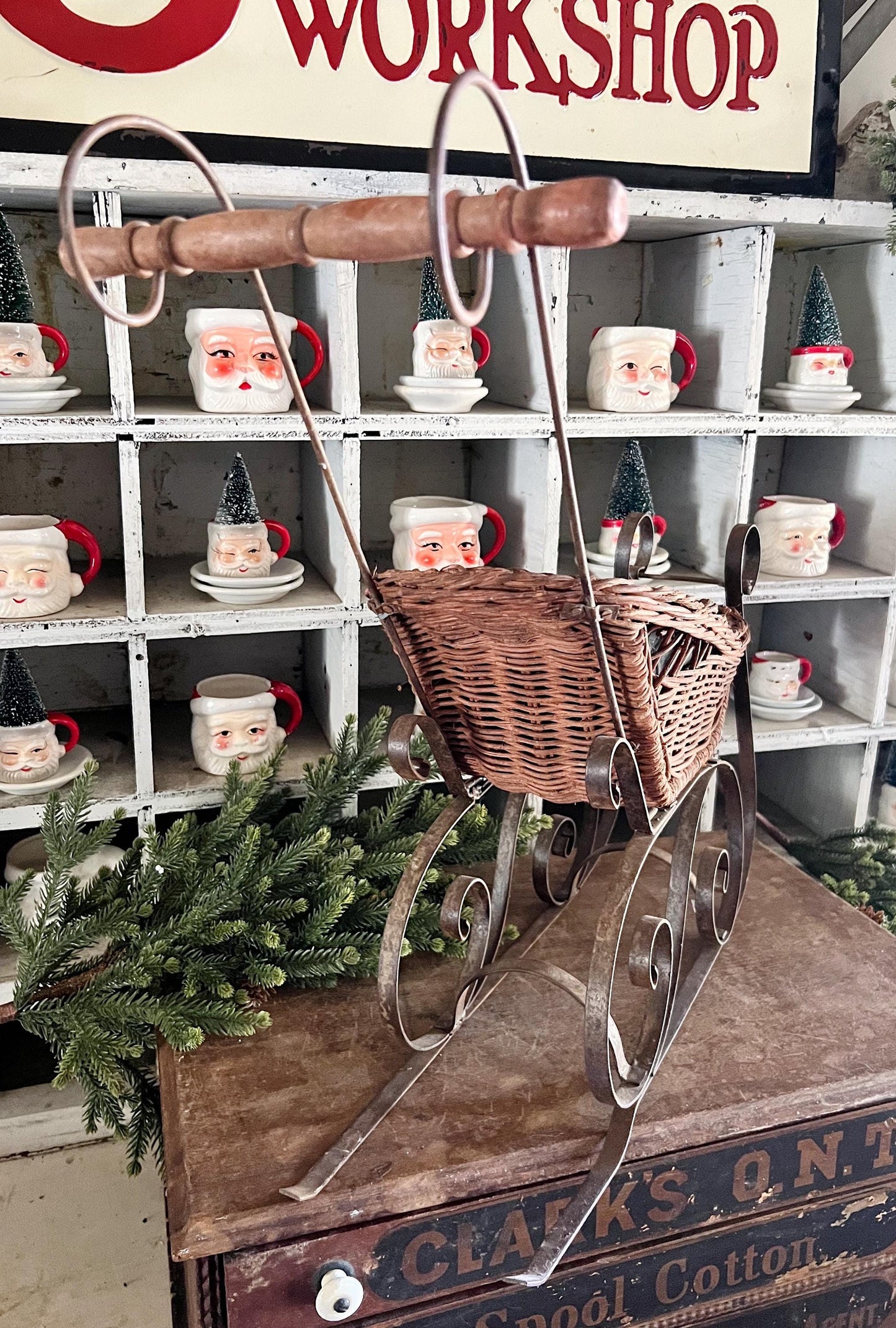Antique Wicker Sleigh Victorian Doll Farmhouse Primitive Christmas Decor