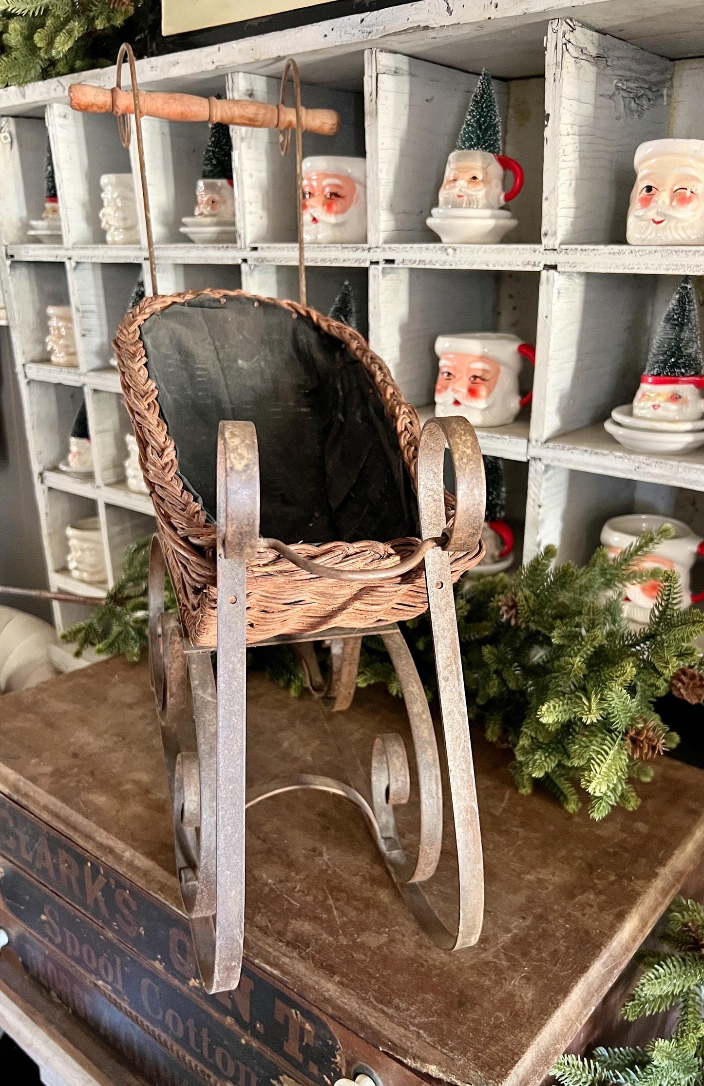 Antique Wicker Sleigh Victorian Doll Farmhouse Primitive Christmas Decor