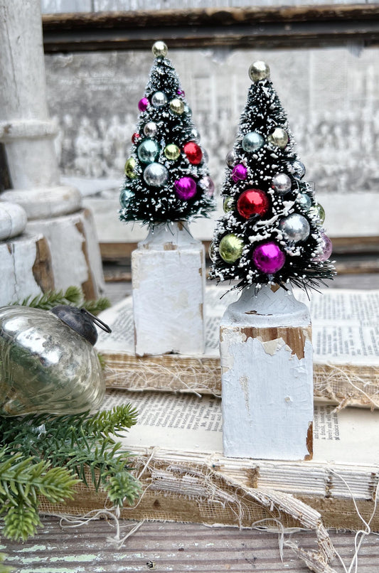 Christmas Bottle Brush Tree Salvaged Chippy WHITE Wood Base GREEN Flocked Mica COLOR Mercury Glass Vintage Antique Architectural Farmhouse