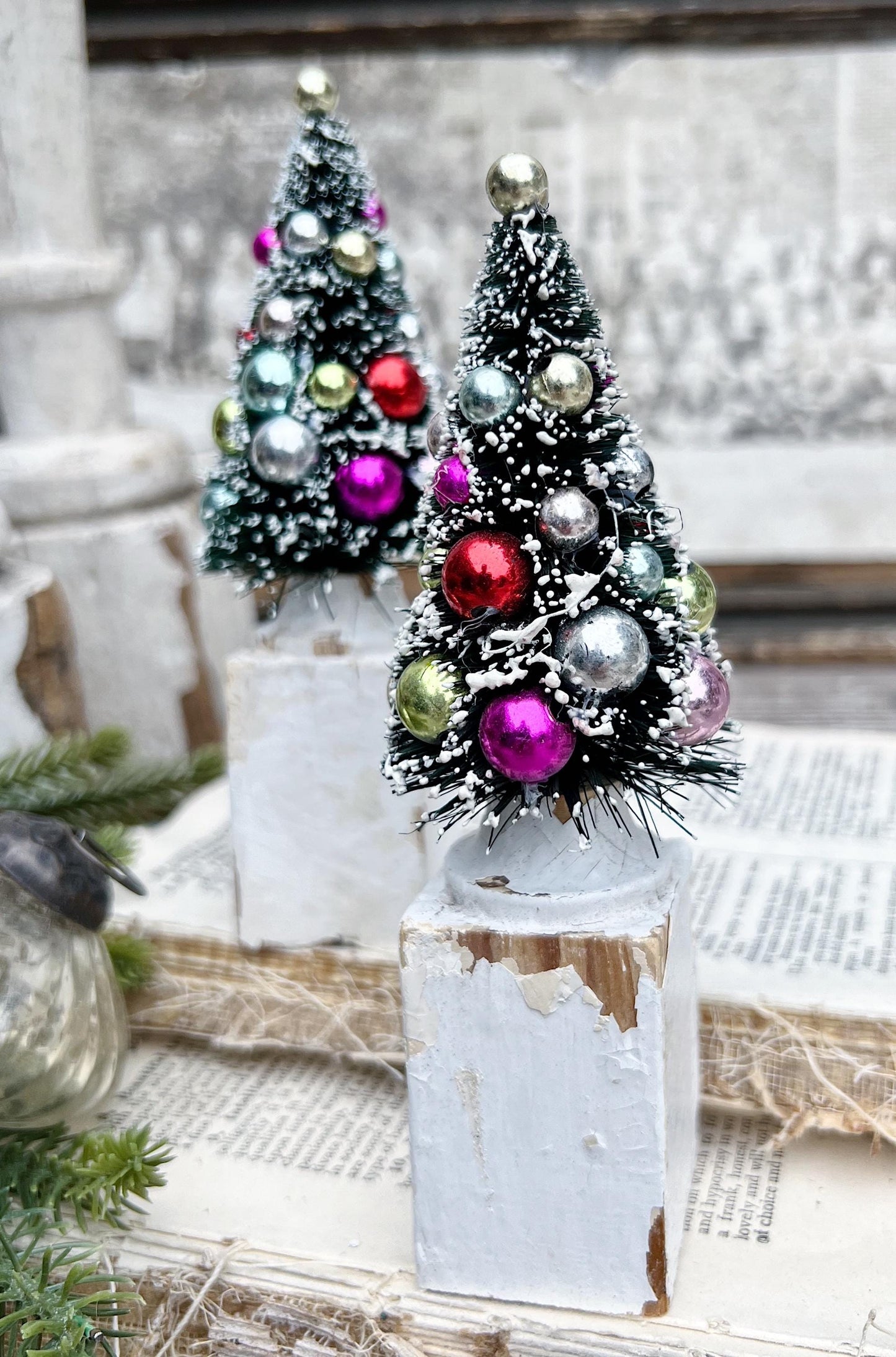 Christmas Bottle Brush Tree Salvaged Chippy WHITE Wood Base GREEN Flocked Mica COLOR Mercury Glass Vintage Antique Architectural Farmhouse