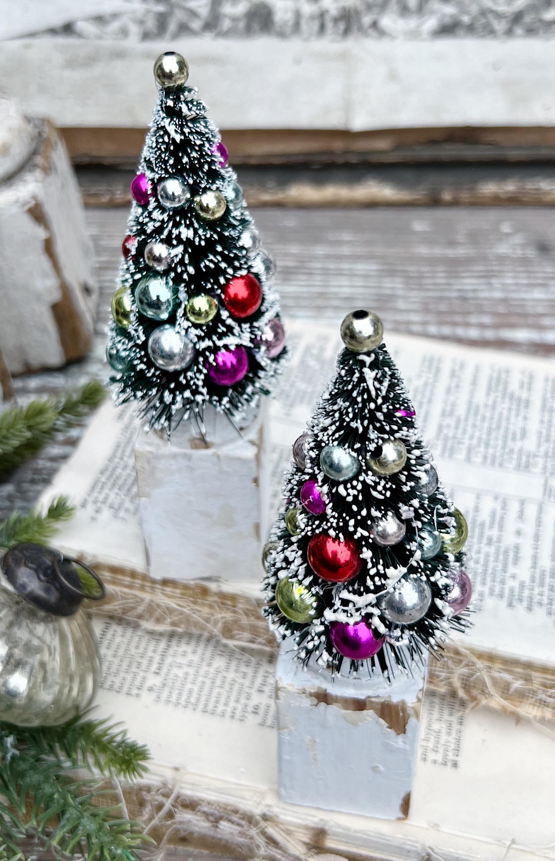 Christmas Bottle Brush Tree Salvaged Chippy WHITE Wood Base GREEN Flocked Mica COLOR Mercury Glass Vintage Antique Architectural Farmhouse