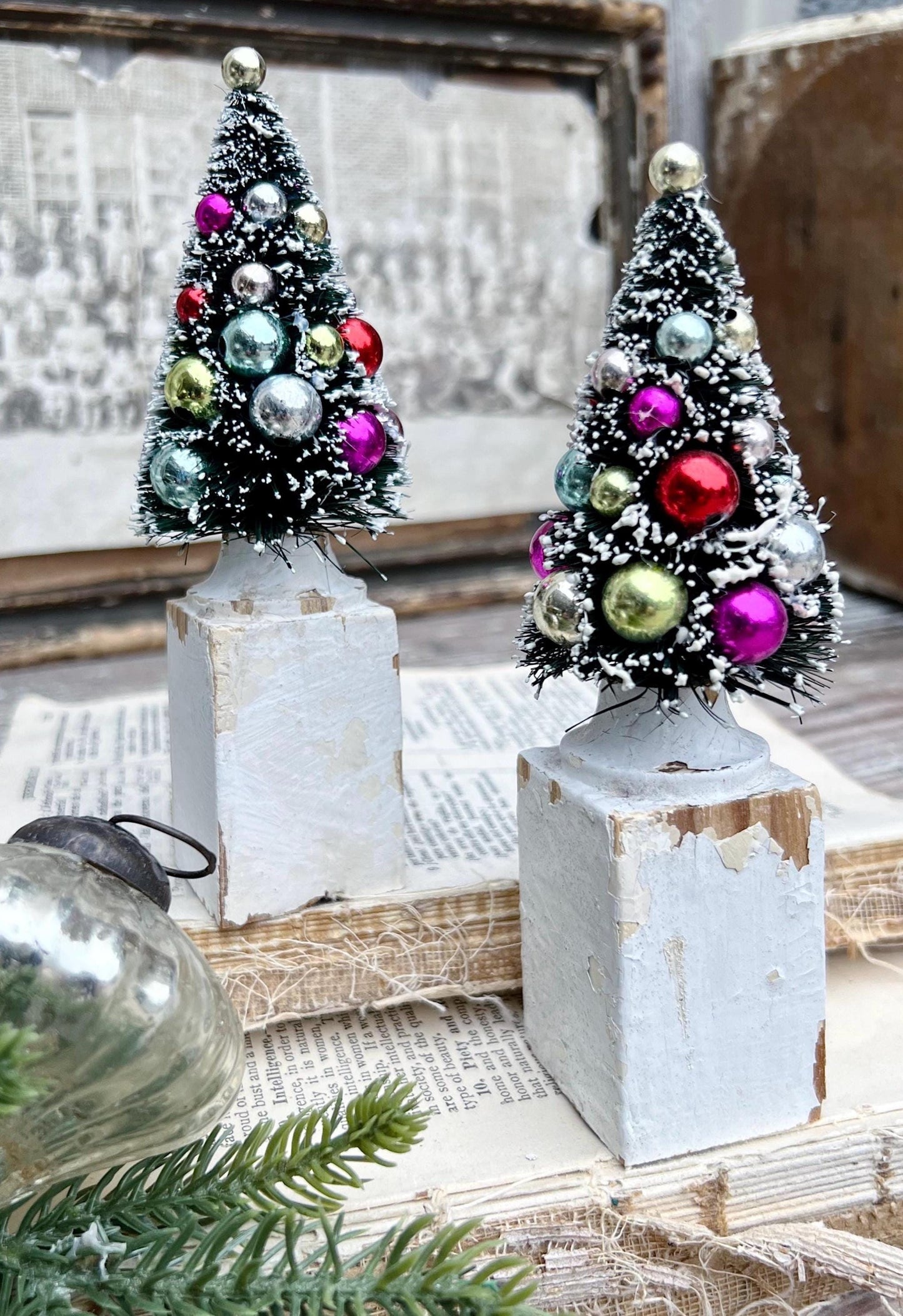 Christmas Bottle Brush Tree Salvaged Chippy WHITE Wood Base GREEN Flocked Mica COLOR Mercury Glass Vintage Antique Architectural Farmhouse