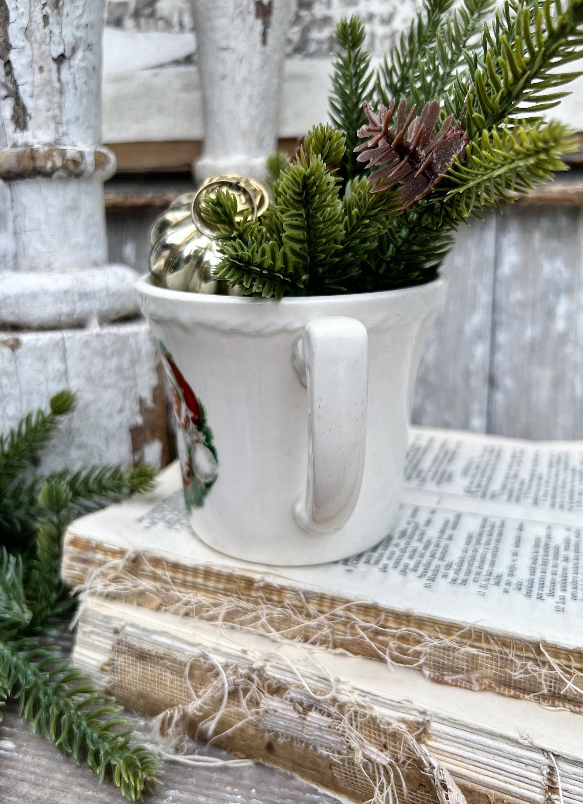 Vintage USA White Ironstone SANTA Coffee Cup Farmhouse Christmas Decor