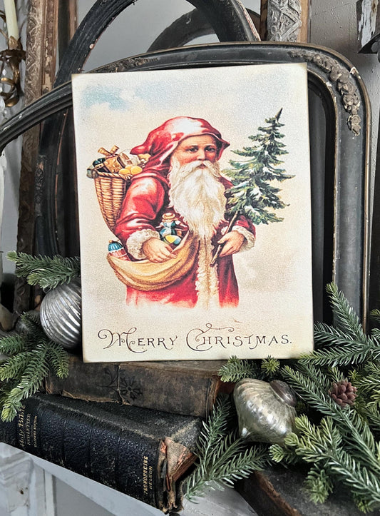 Vintage Santa MERRY CHRISTMAS Wood Sign Red Farmhouse Christmas Decor Wall Art Print St Nick with Tree