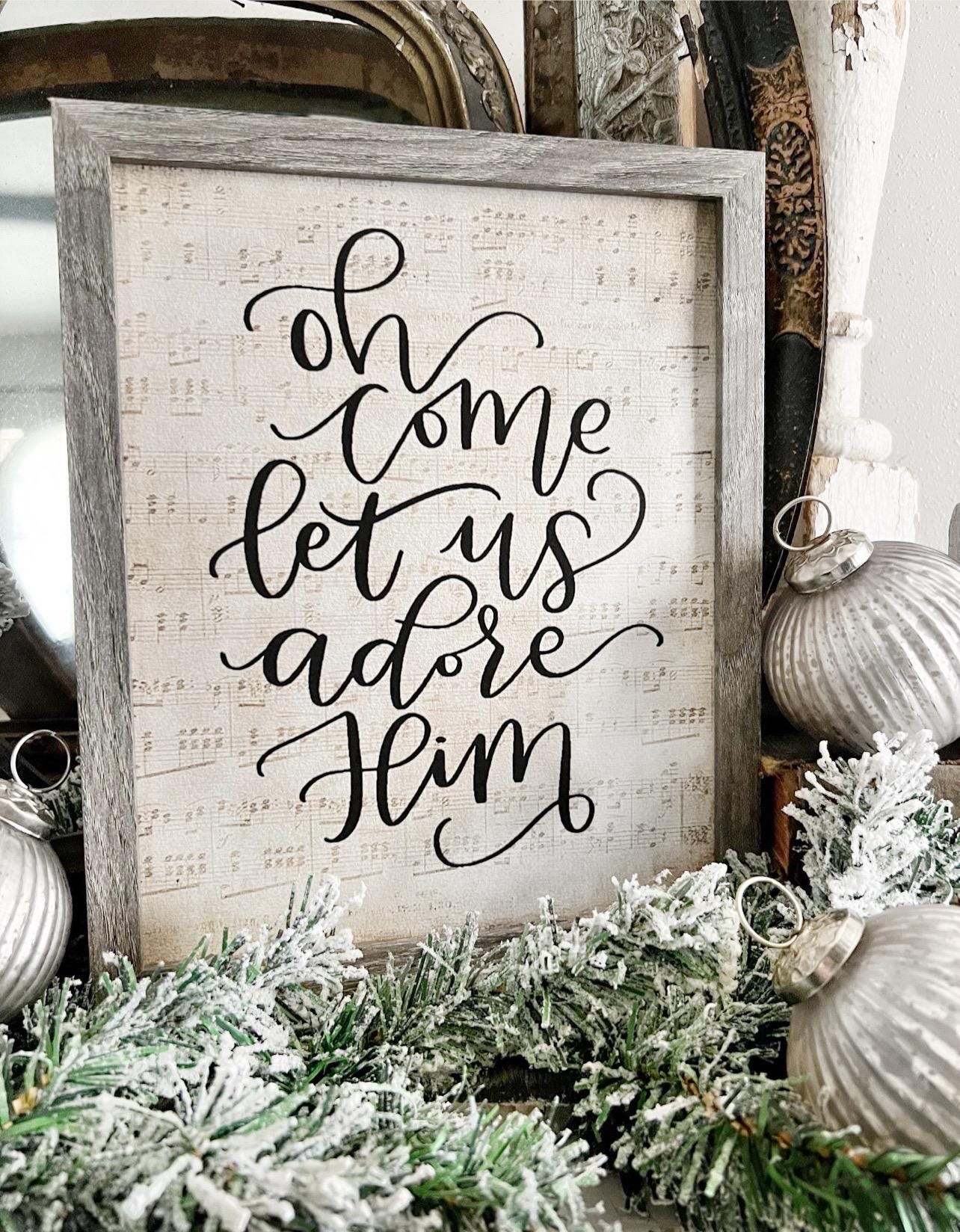 Oh Come Let Us Adore Him Wood Sign FRAMED Vintage Christmas Farmhouse Wall Art Print Sheet Music Book Page