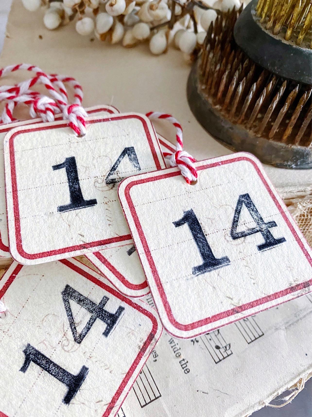 VALENTINE Label Gift Tags Vintage RED Primitive Card Farmhouse Decor Number 14 SET of 8