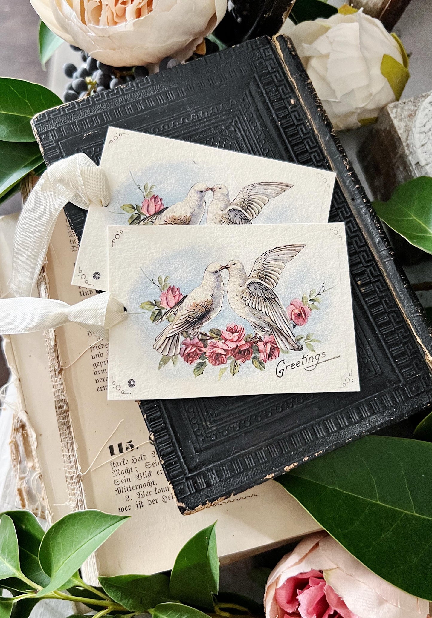 Valentine Greetings Vintage Gift Tags DOVES Farmhouse Decor Card Shabby