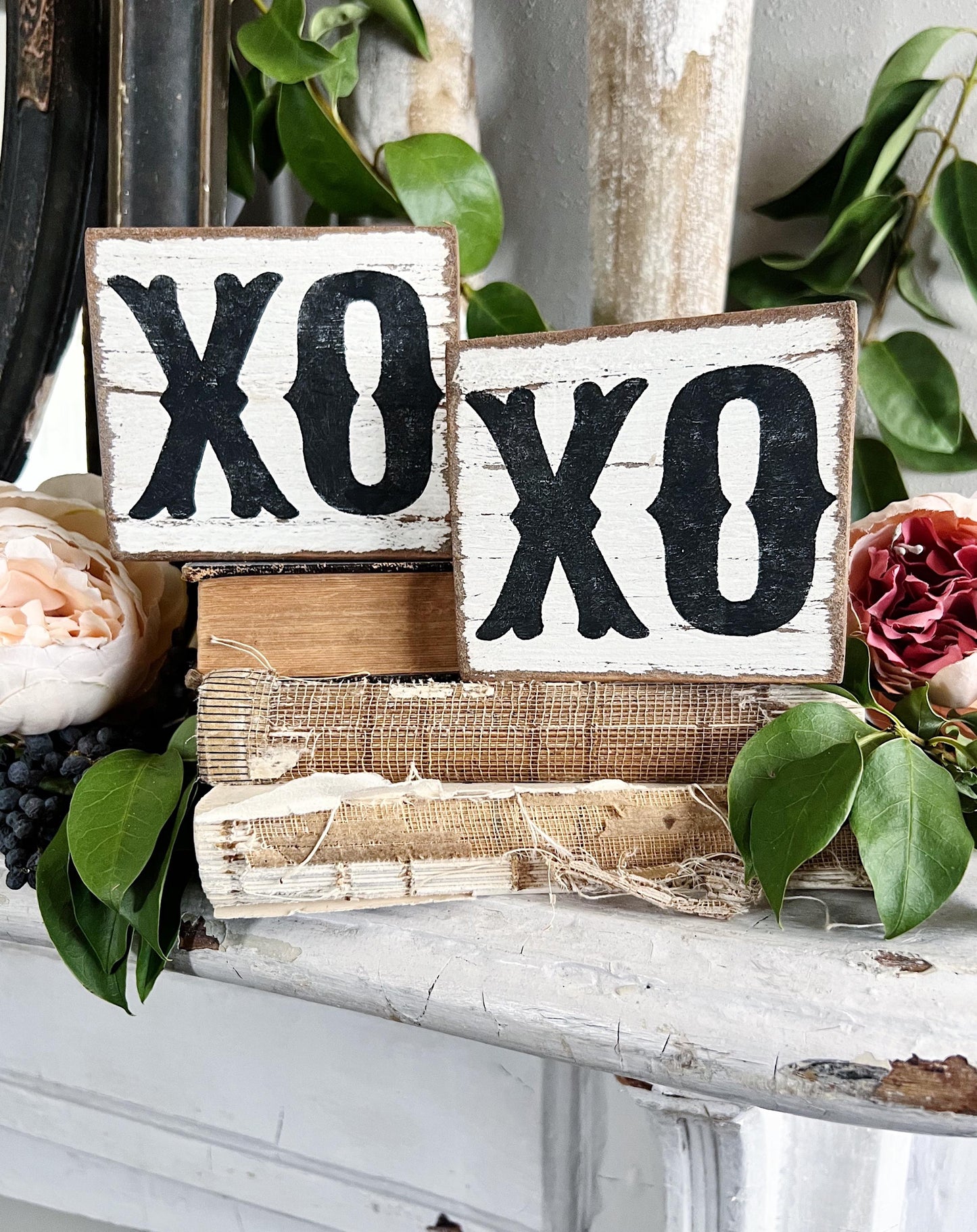 VALENTINE XO Sign Tile Vintage Salvage Barn Wood Reclaimed White Chippy Paint Farmhouse Decor Architectural House Number FEBRUARY French