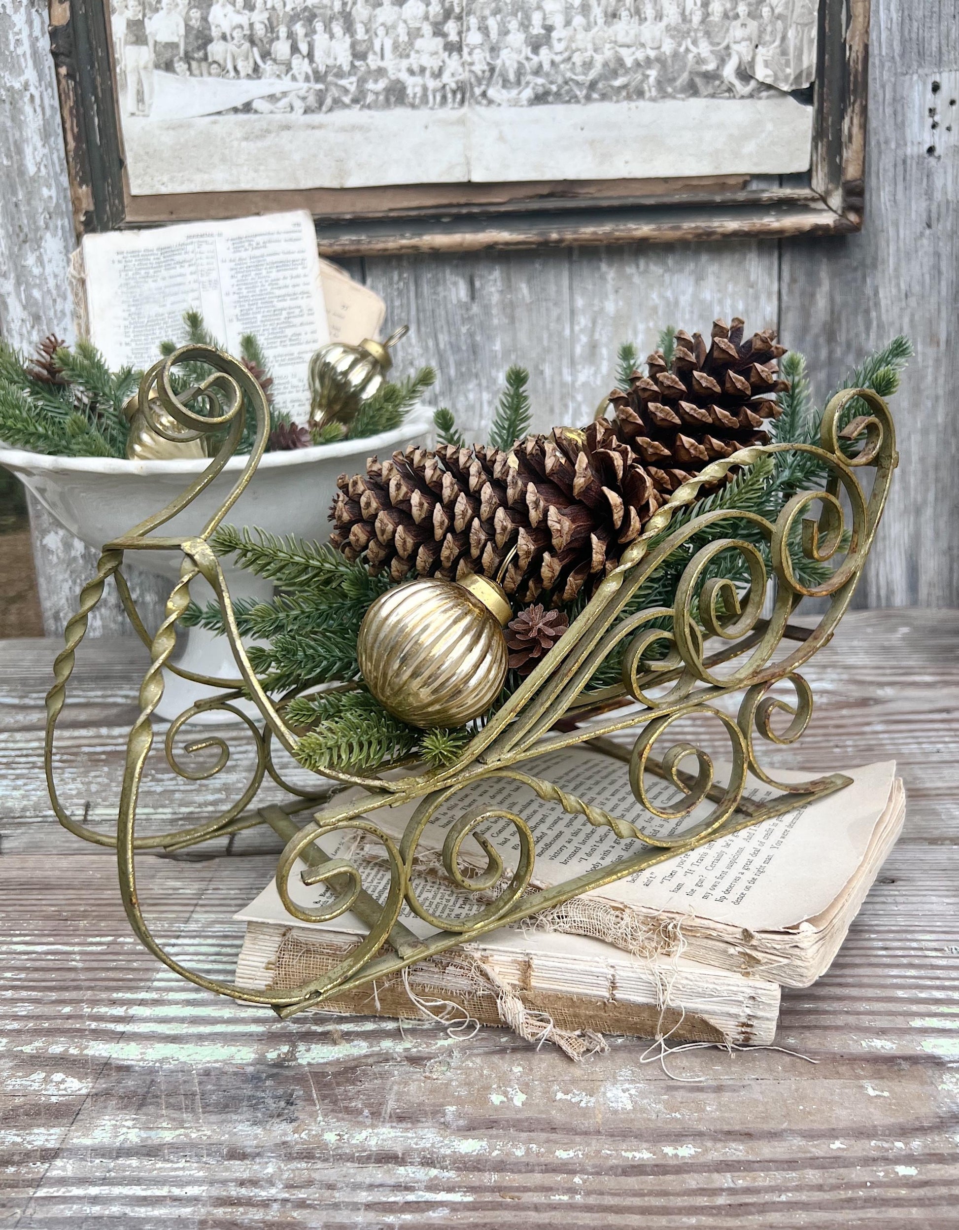 Vintage GOLD Metal SLEIGH Farmhouse Christmas Primitive Decoration LARGE Santa Sled