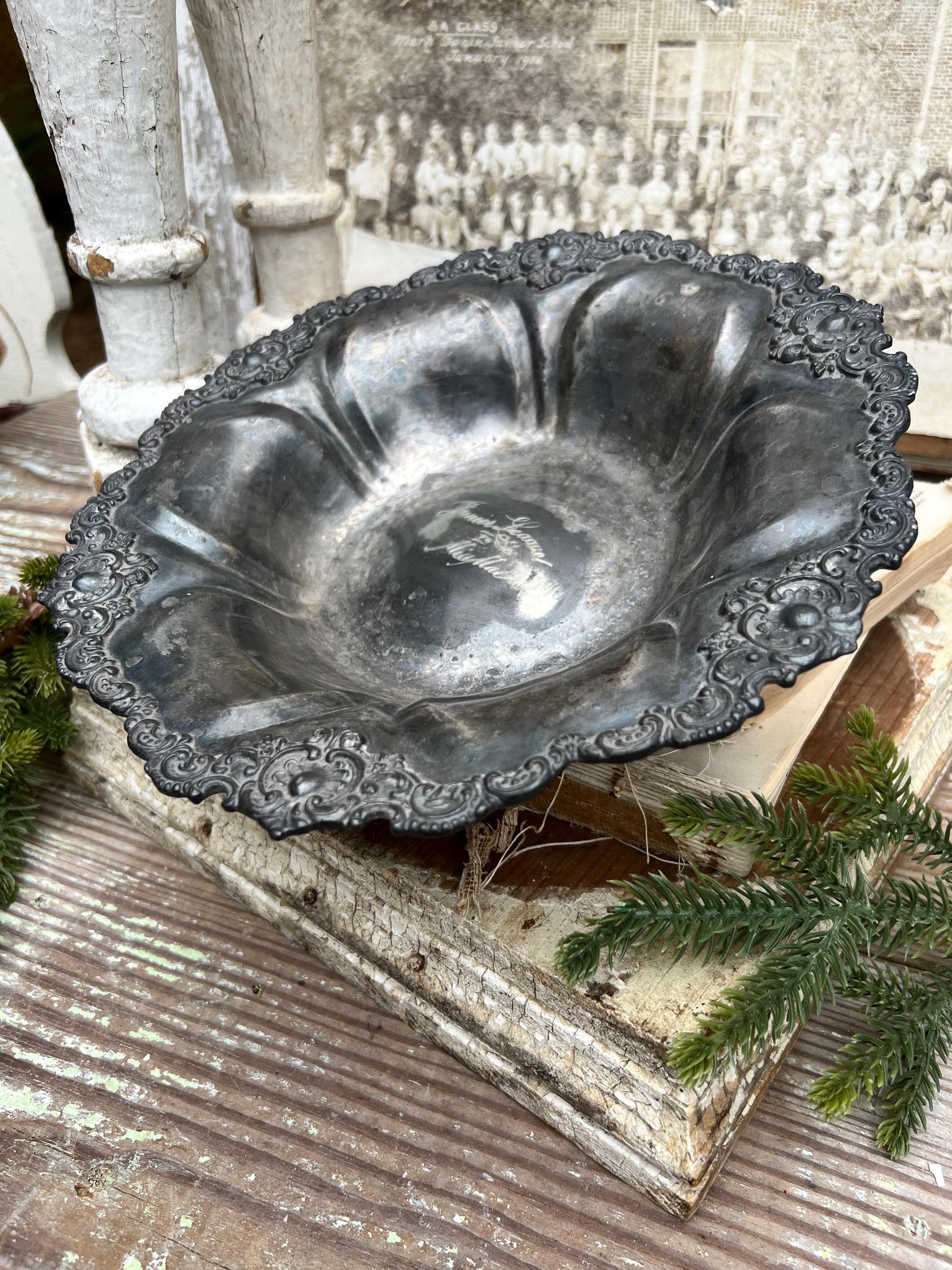 Antique Quadruple Plate Silver Serving Compote Bowl Tray French Farmhouse Decor TROPHY