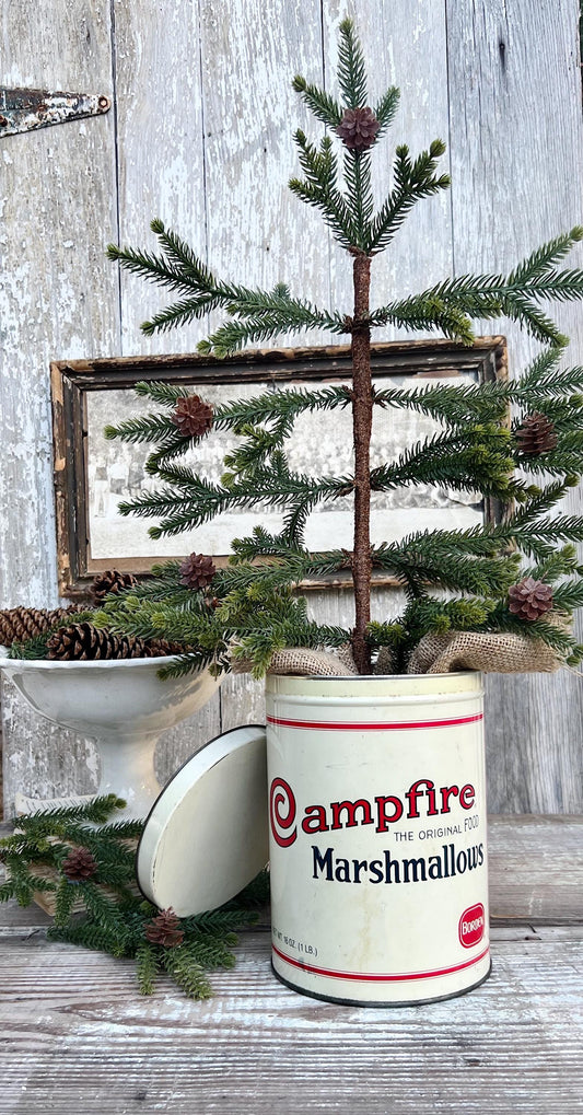 Vintage CAMPFIRE MARSHMALLOWS Tin Can Red White Blue Farmhouse Decor Industrial Salvage Christmas Decor 16 oz