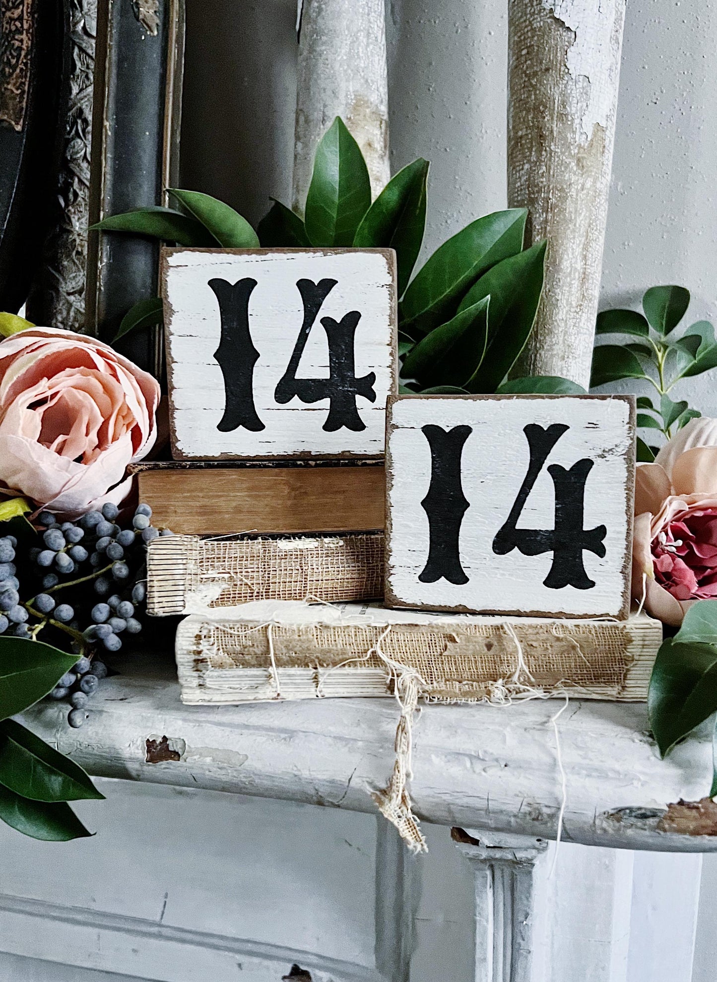 VALENTINE 14 Sign Tile Vintage Salvage Barn Wood Reclaimed White Chippy Paint Farmhouse Decor Architectural House Number FEBRUARY French