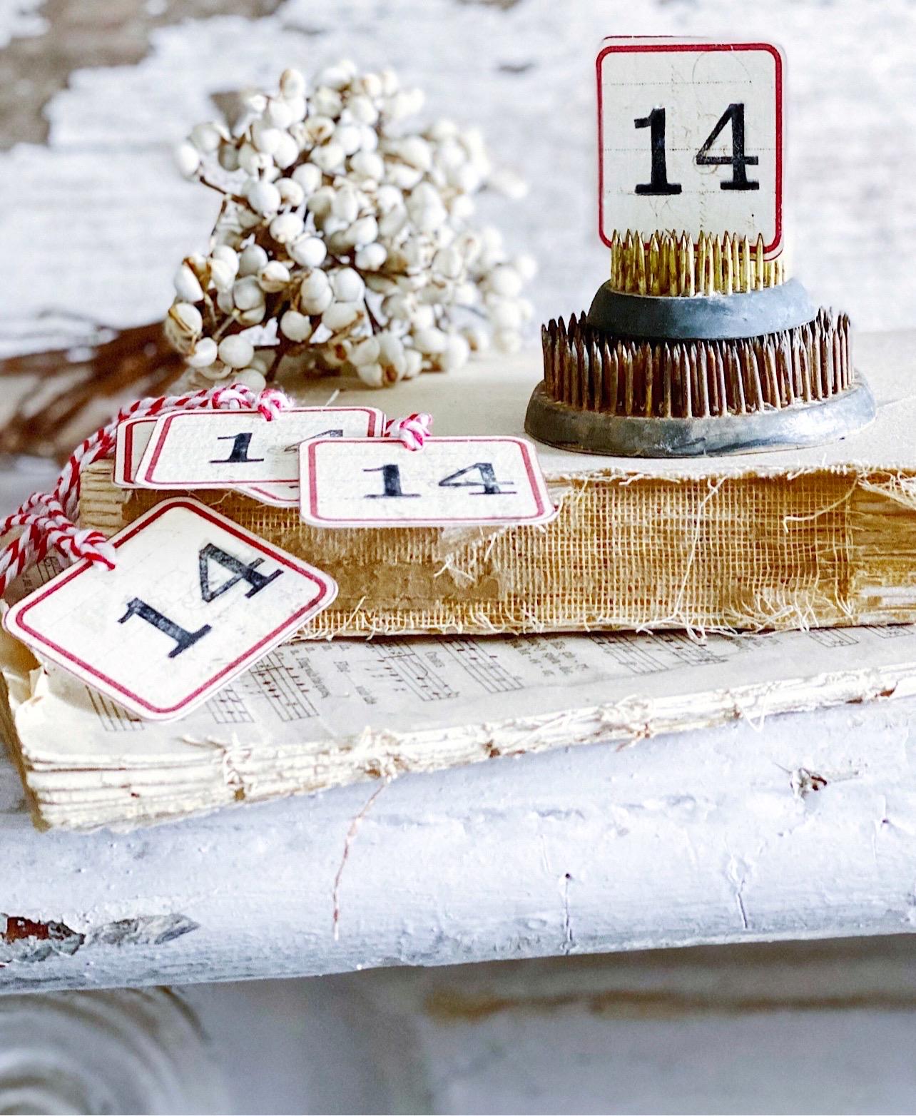 VALENTINE Label Gift Tags Vintage RED Primitive Card Farmhouse Decor Number 14 SET of 8
