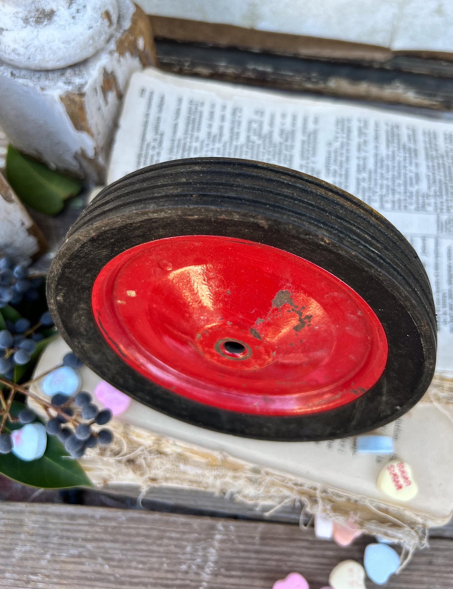 Vintage RED Buggy Cart Bike Wheel Industrial Salvage Metal Farmhouse Decor Americana Primitive Valentine Decor