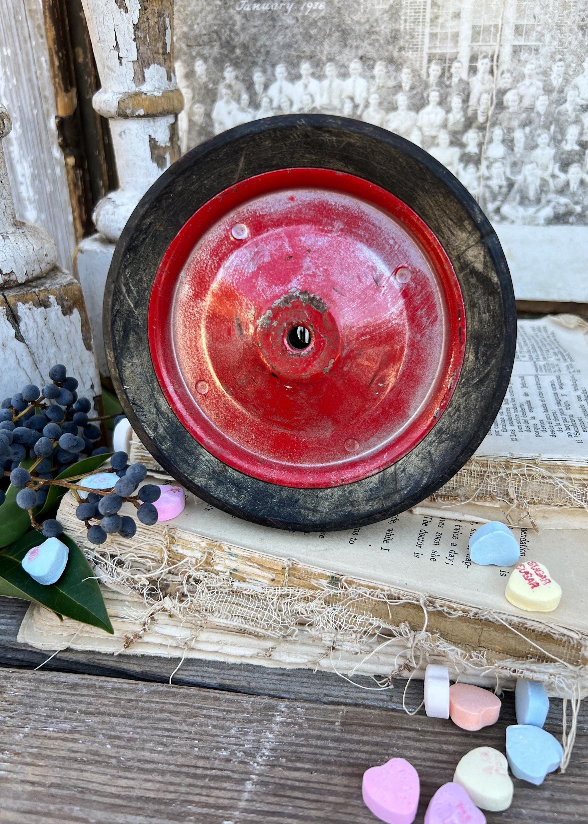 Vintage RED Buggy Cart Bike Wheel Industrial Salvage Metal Farmhouse Decor Americana Primitive Valentine Decor