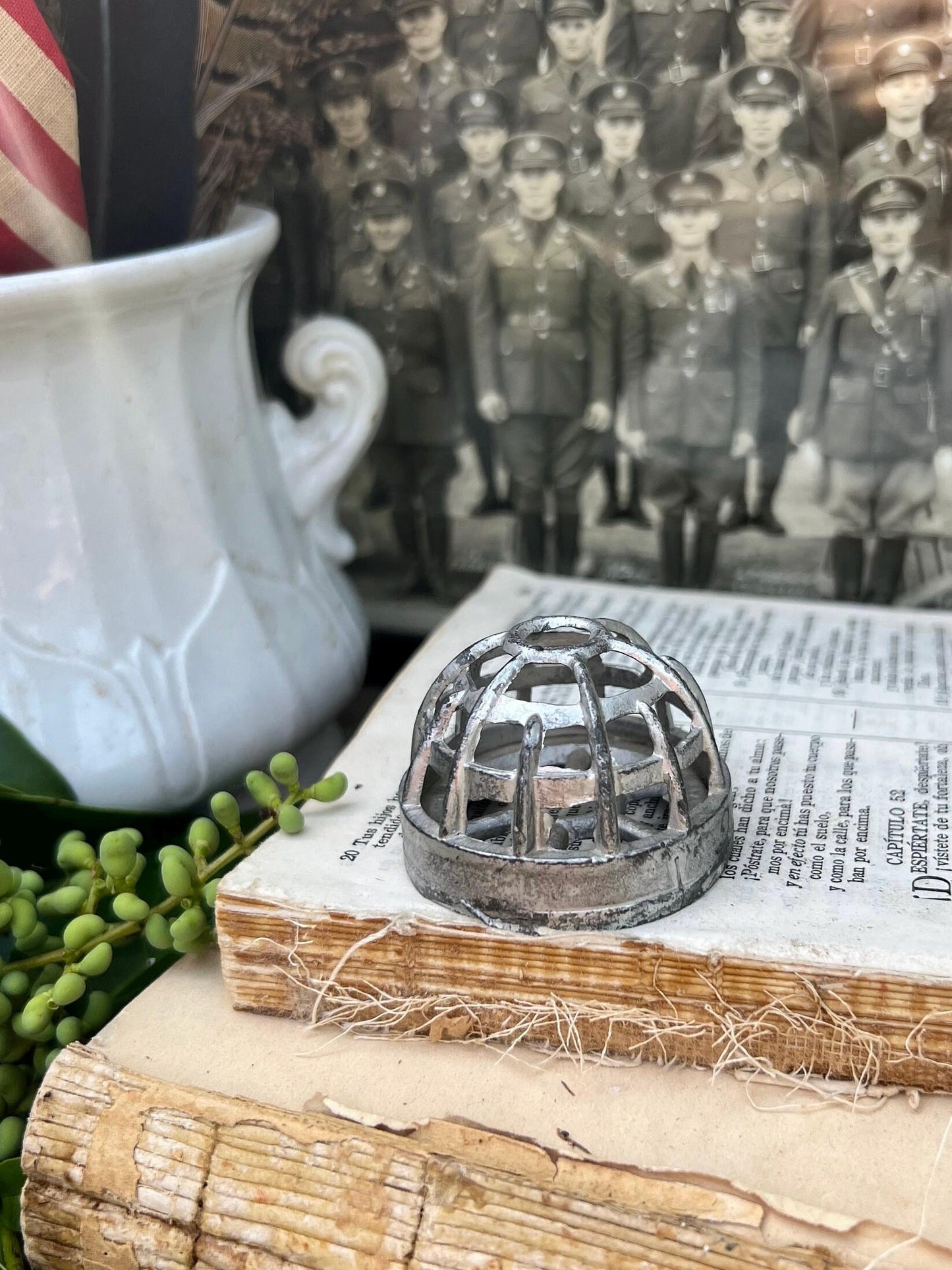 Vintage Metal Floral Frog Cage SILVER DOME Industrial Salvage Display Farmhouse Americana Decor