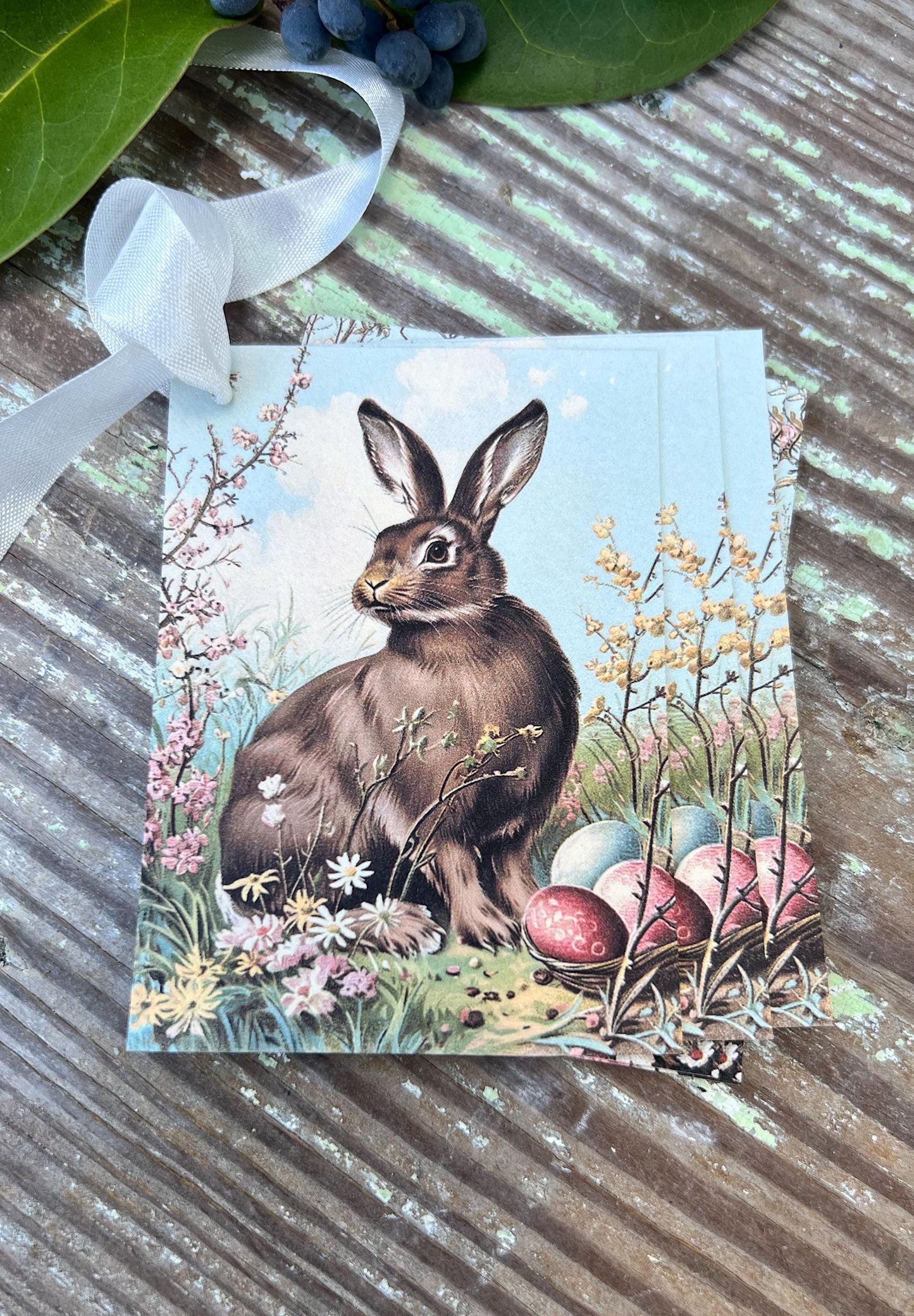 Easter BUNNY Brown Rabbit Gift Tags Vintage French Farmhouse Decor Card Shabby SET OF 8