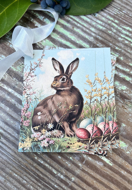 Easter BUNNY Brown Rabbit Gift Tags Vintage French Farmhouse Decor Card Shabby SET OF 8