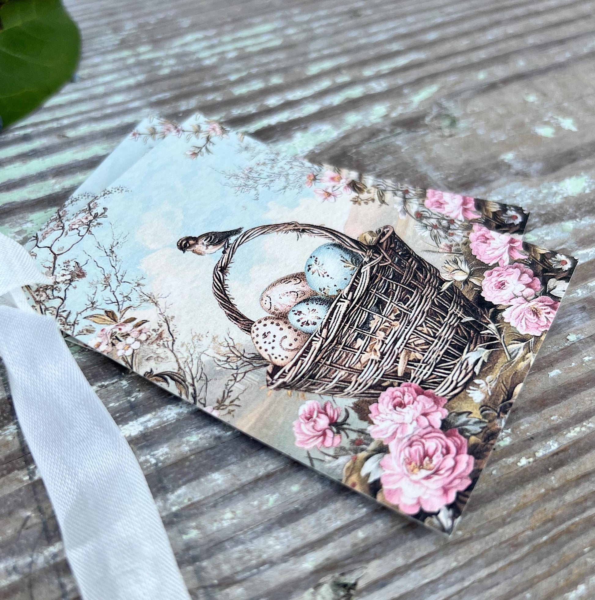 Easter BASKET with Bird Gift Tags Vintage French Farmhouse Decor Card Shabby SET OF 8