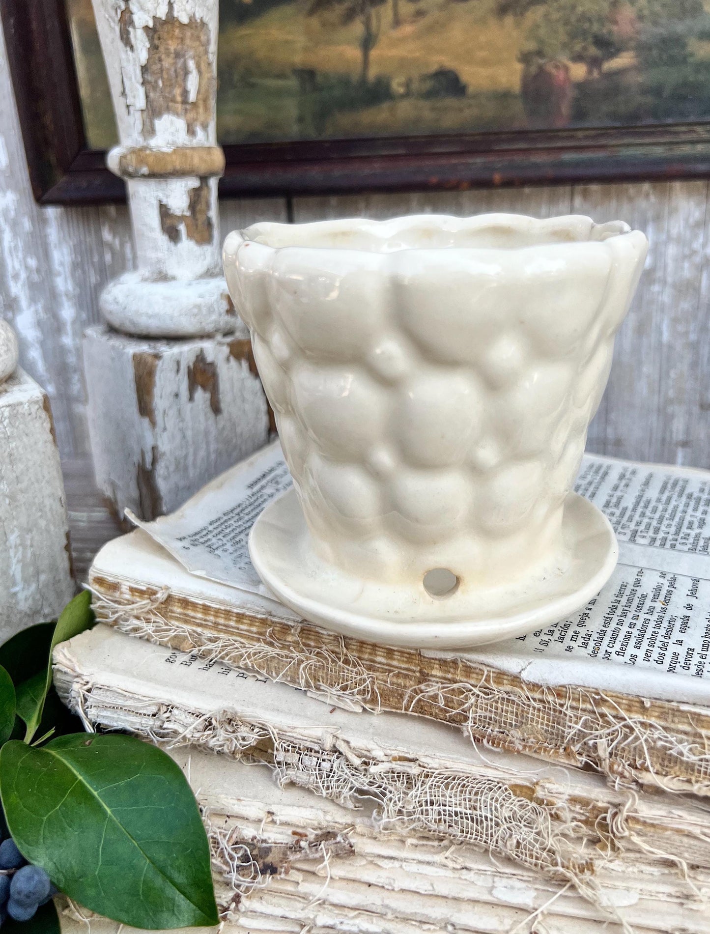 Antique Cream Ivory WHITE BUBBLE Flower Pot With Saucer USA Planter Container Farmhouse Vintage Garden Decor