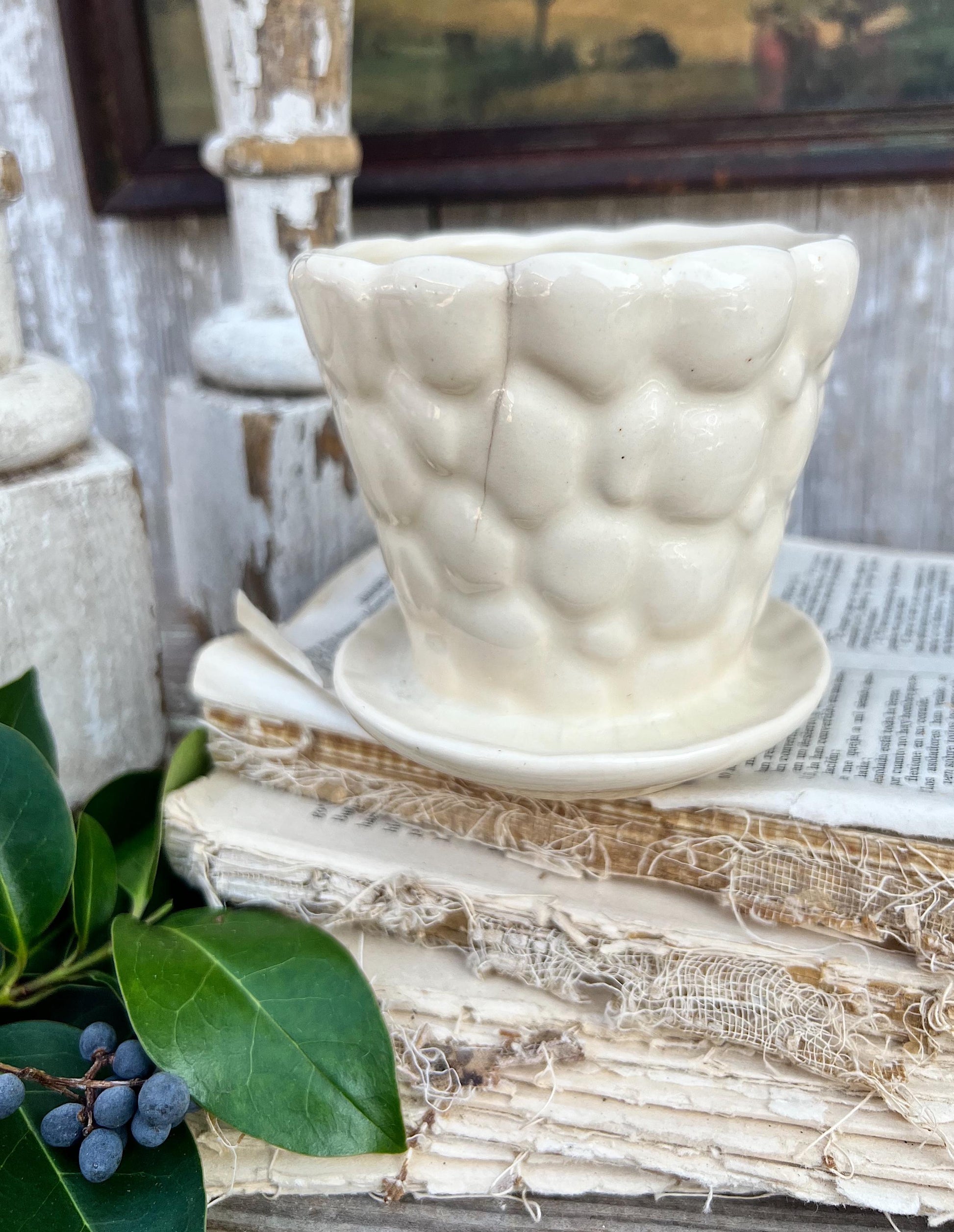 Antique Cream Ivory WHITE BUBBLE Flower Pot With Saucer USA Planter Container Farmhouse Vintage Garden Decor