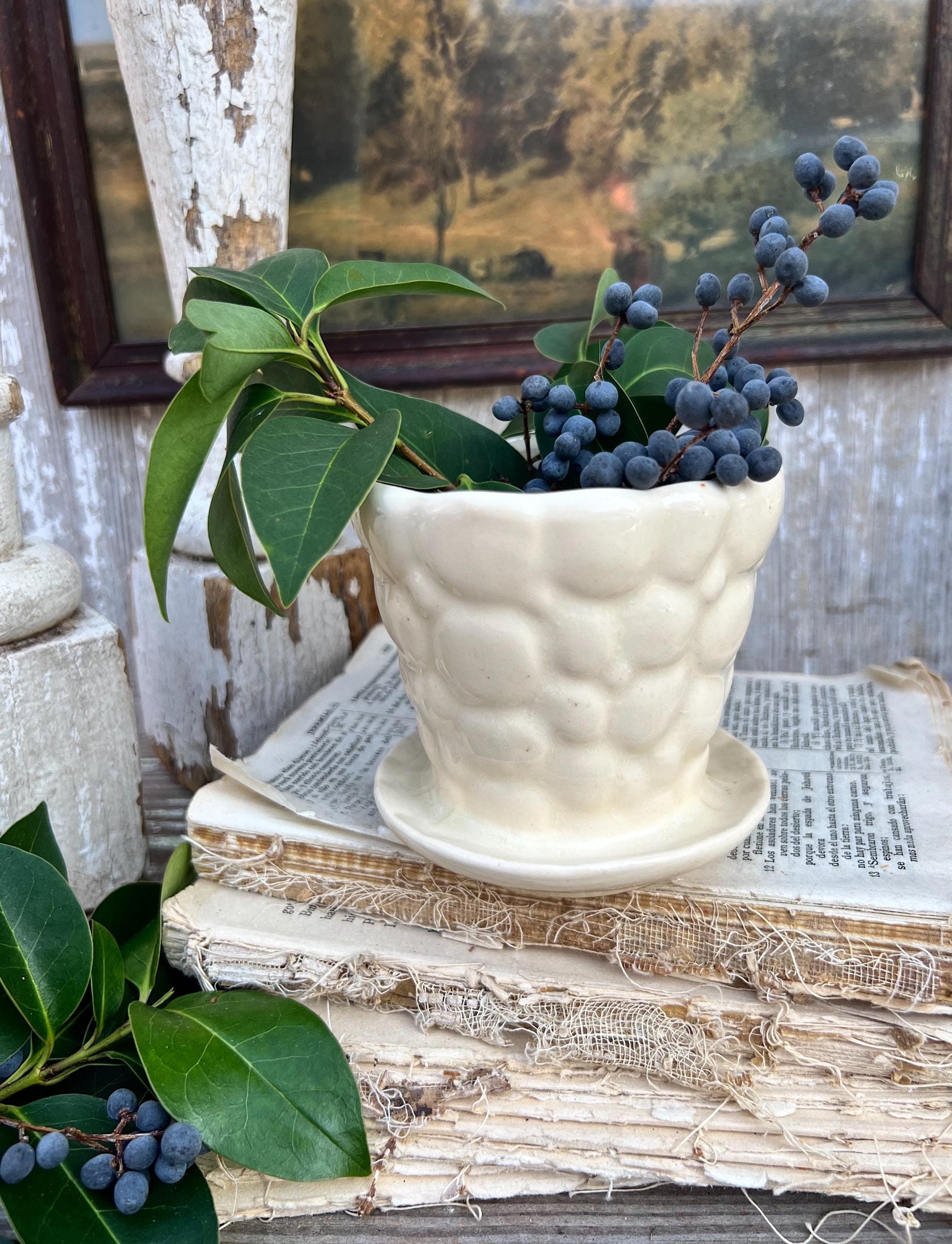 Antique Cream Ivory WHITE BUBBLE Flower Pot With Saucer USA Planter Container Farmhouse Vintage Garden Decor