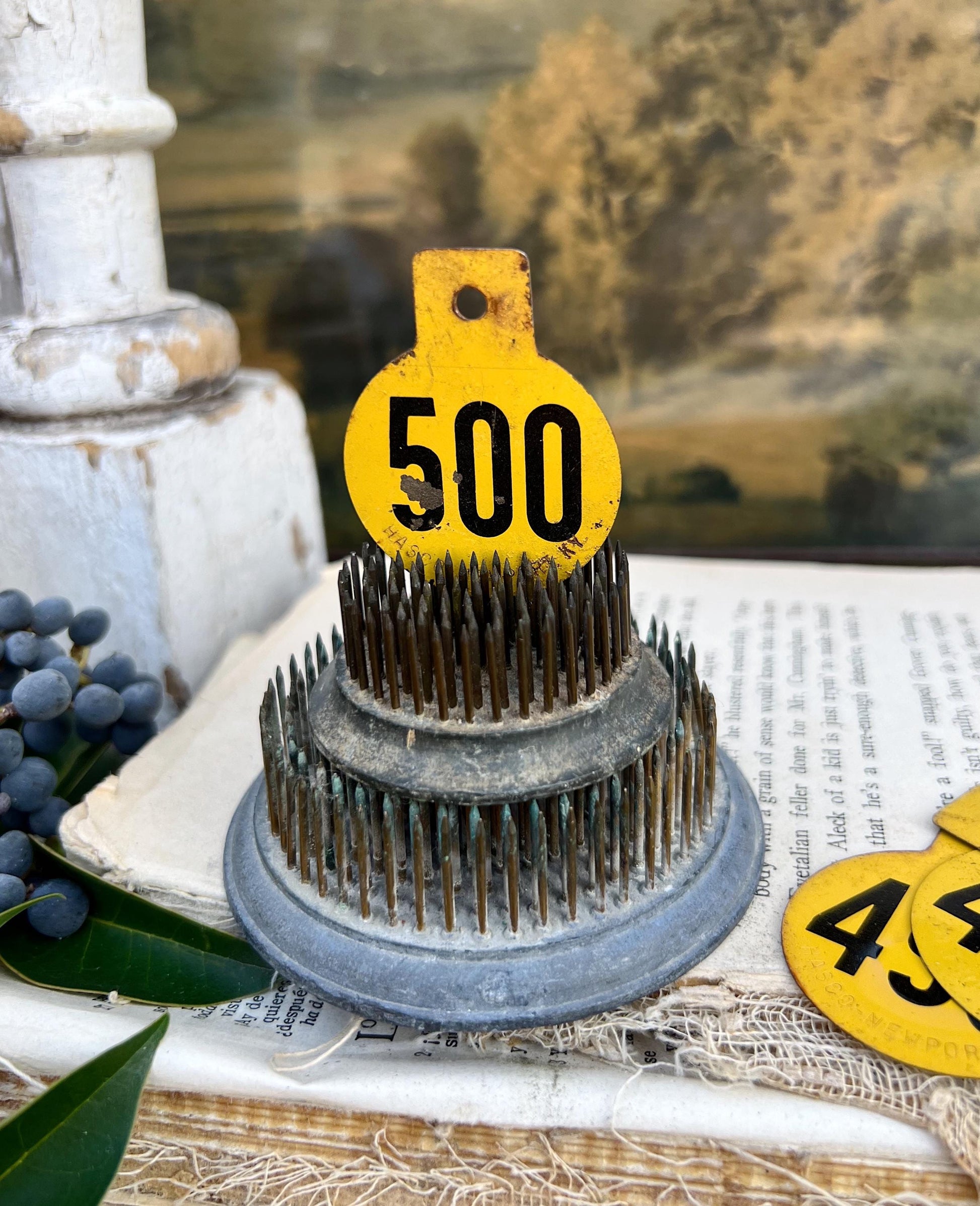 Vintage Metal Cow Tag Number YELLOW Black Industrial Ranch Farm Livestock Animal Farmhouse Decor 456- 500