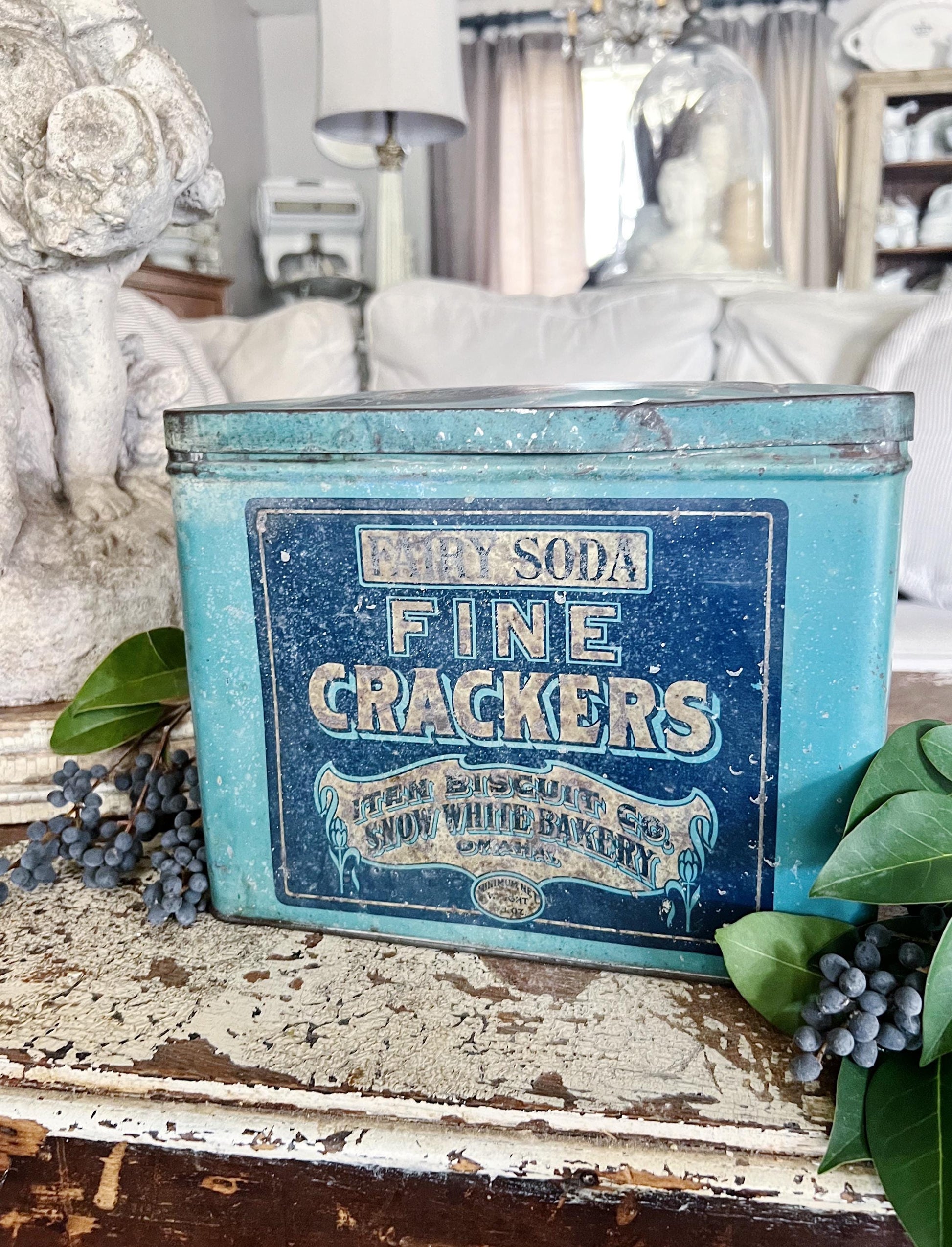 Antique Fairy Soda Fine Crackers Can Tin Canister Metal Box with Lid Vintage Farmhouse Decor Blue Box Gar Iten Biscuit Co Snow White Bakery