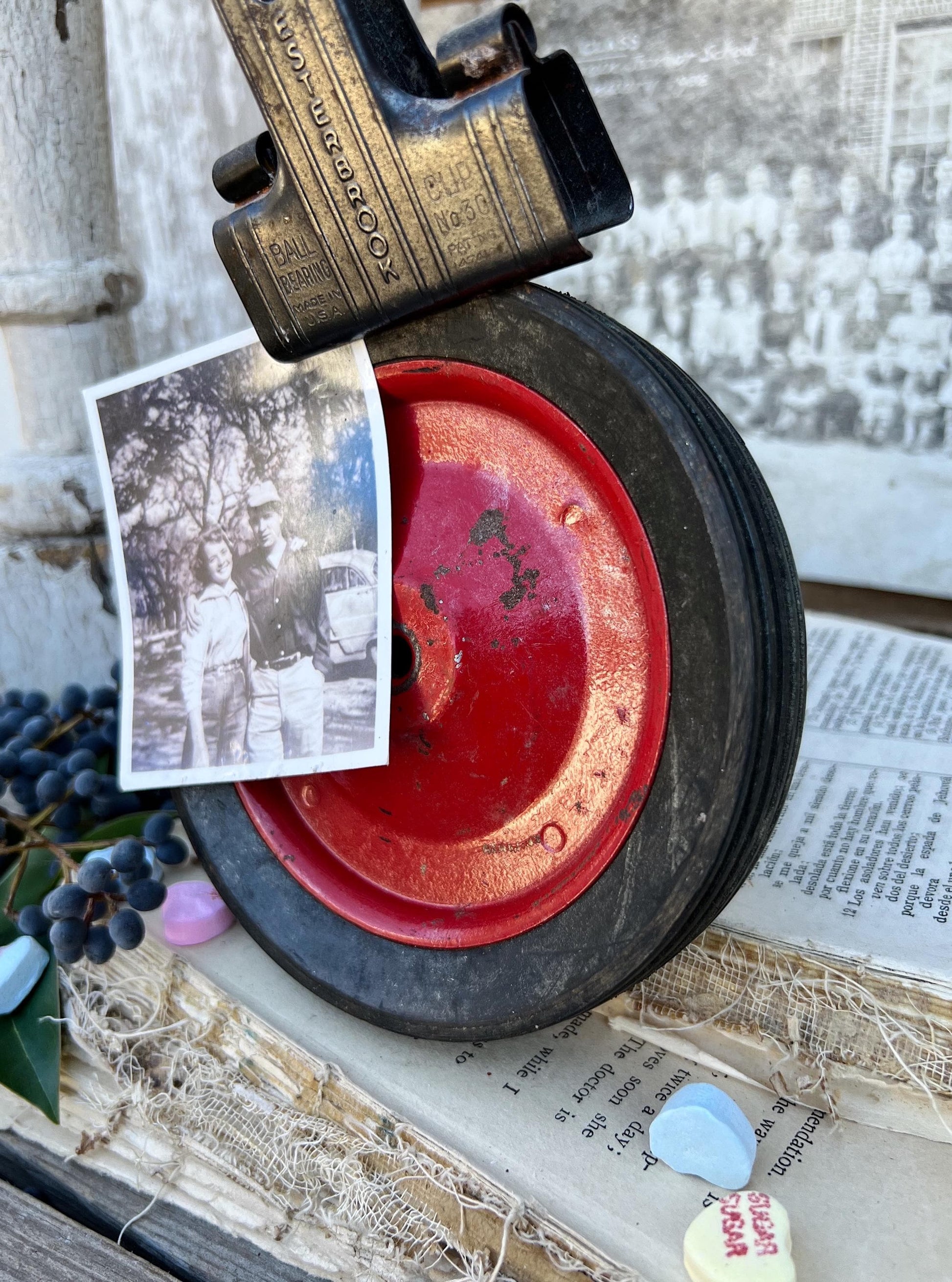 Vintage RED Buggy Cart Bike Wheel Industrial Salvage Metal Farmhouse Decor Americana Primitive Valentine Decor