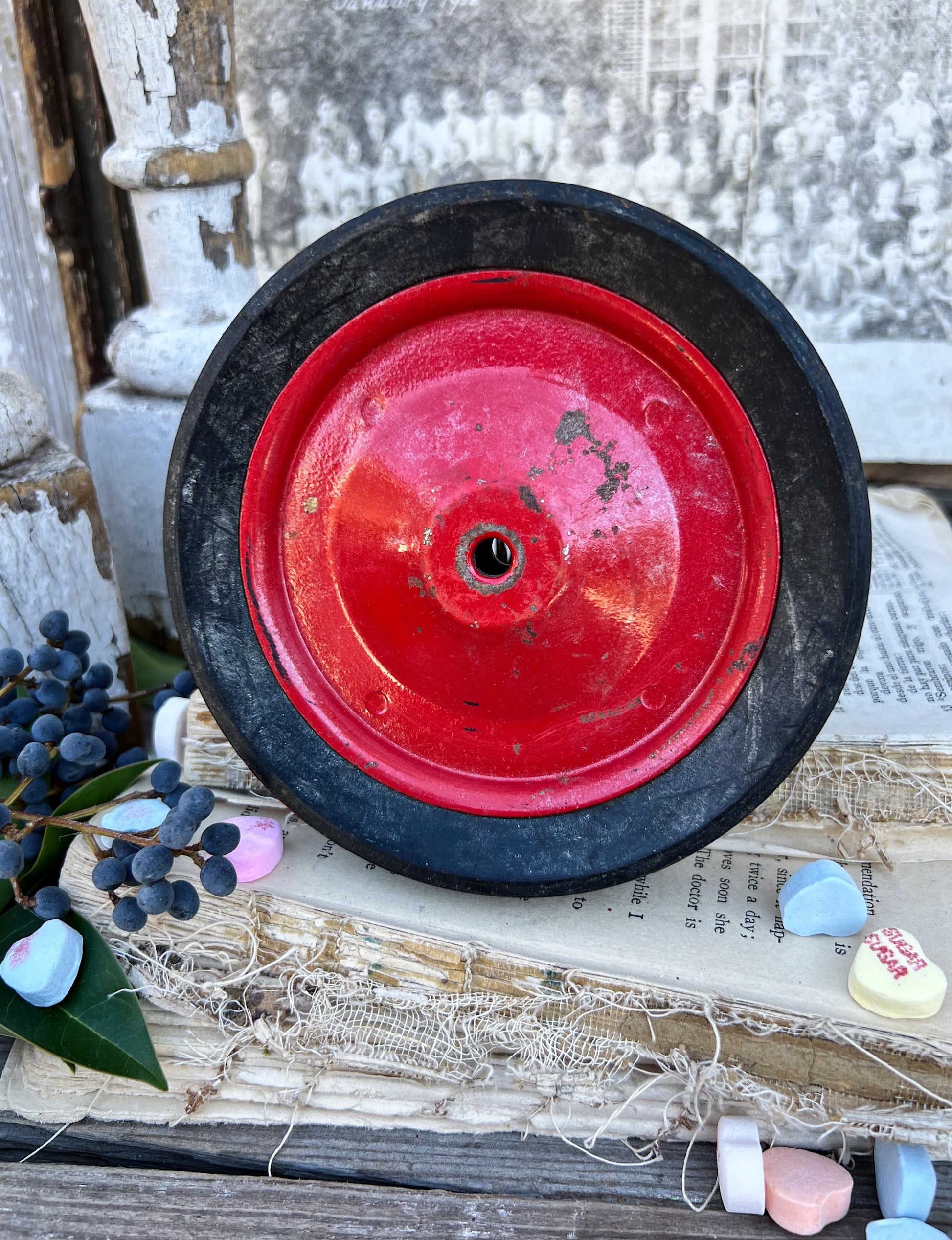 Vintage RED Buggy Cart Bike Wheel Industrial Salvage Metal Farmhouse Decor Americana Primitive Valentine Decor