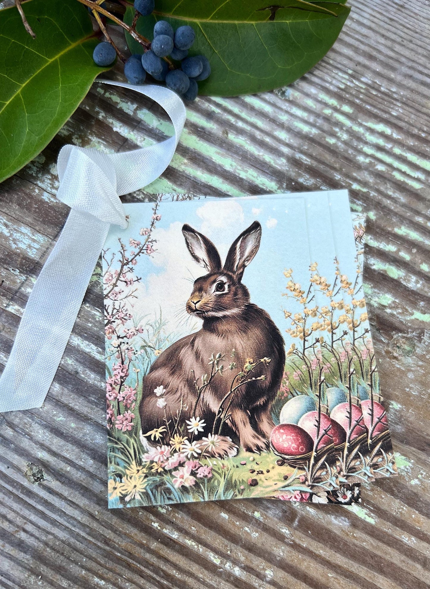 Easter BUNNY Brown Rabbit Gift Tags Vintage French Farmhouse Decor Card Shabby SET OF 8