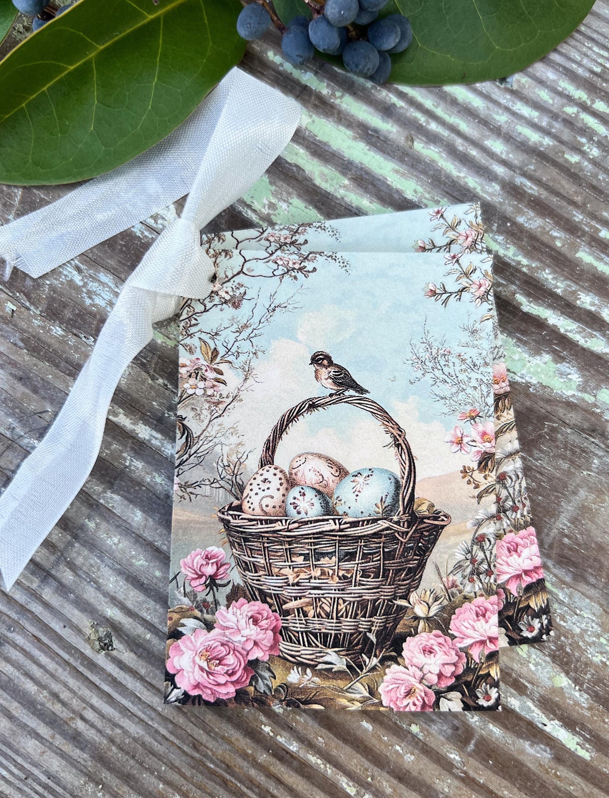 Easter BASKET with Bird Gift Tags Vintage French Farmhouse Decor Card Shabby SET OF 8