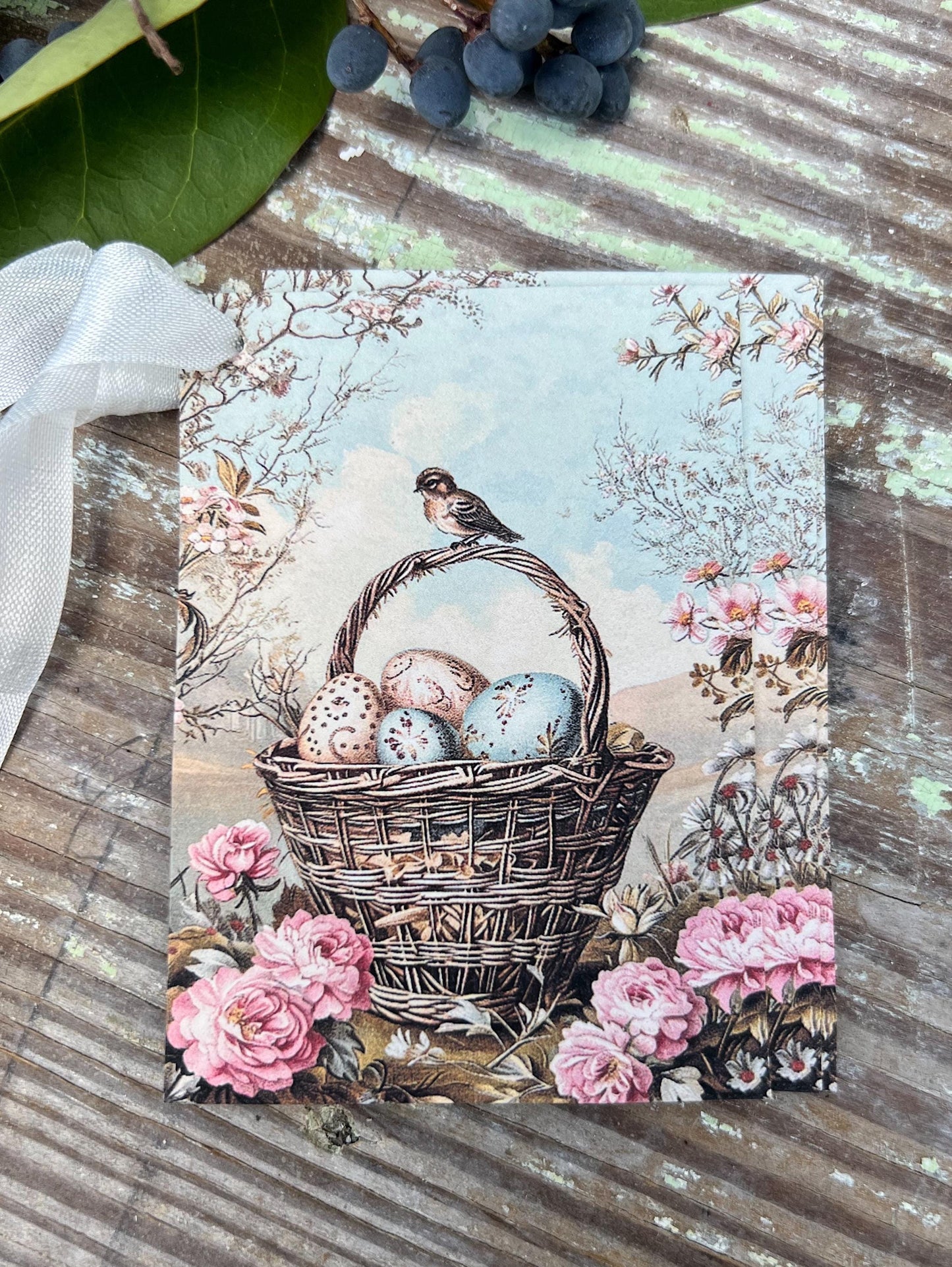 Easter BASKET with Bird Gift Tags Vintage French Farmhouse Decor Card Shabby SET OF 8